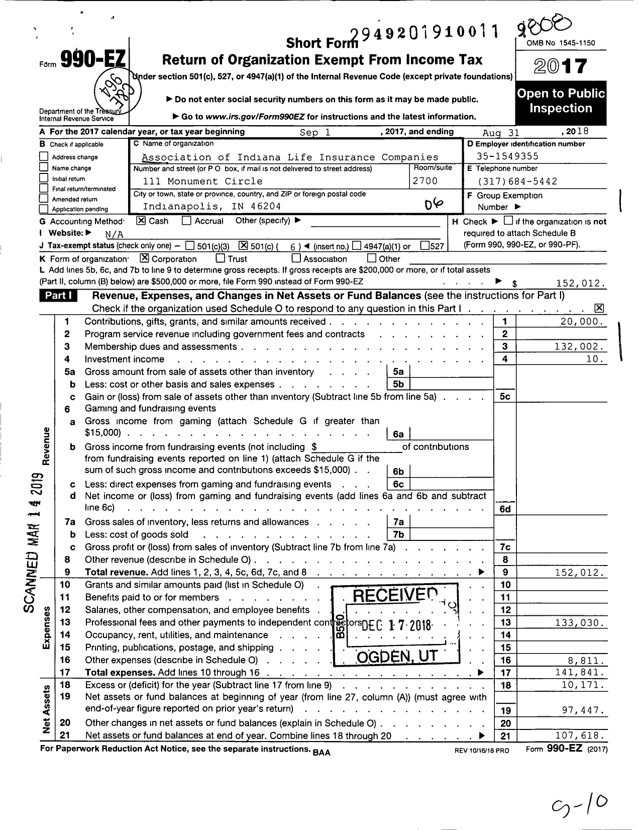 Image of first page of 2017 Form 990EO for Association of Indiana Life Insurance Companies