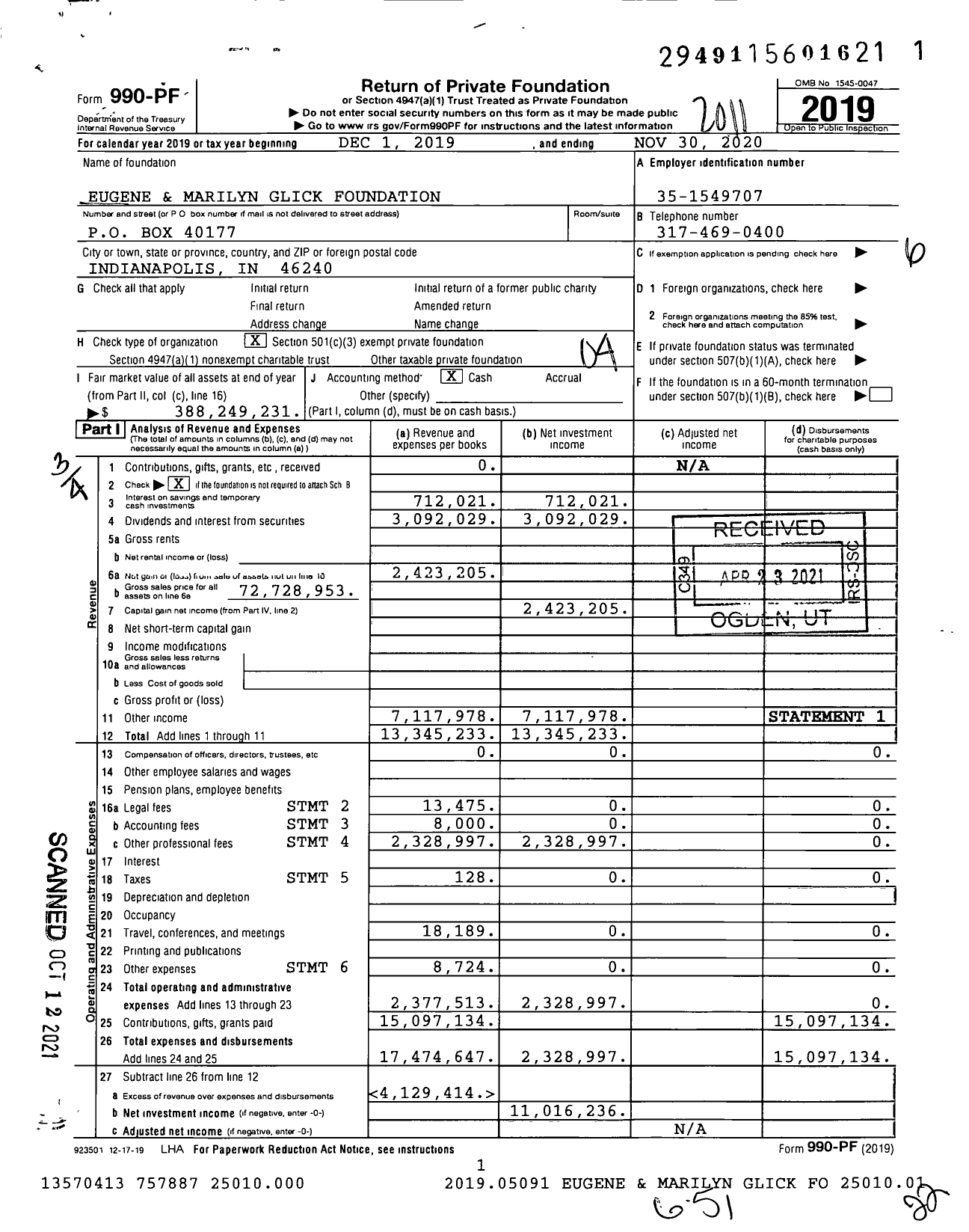 Image of first page of 2019 Form 990PF for Eugene and Marilyn Glick Foundation