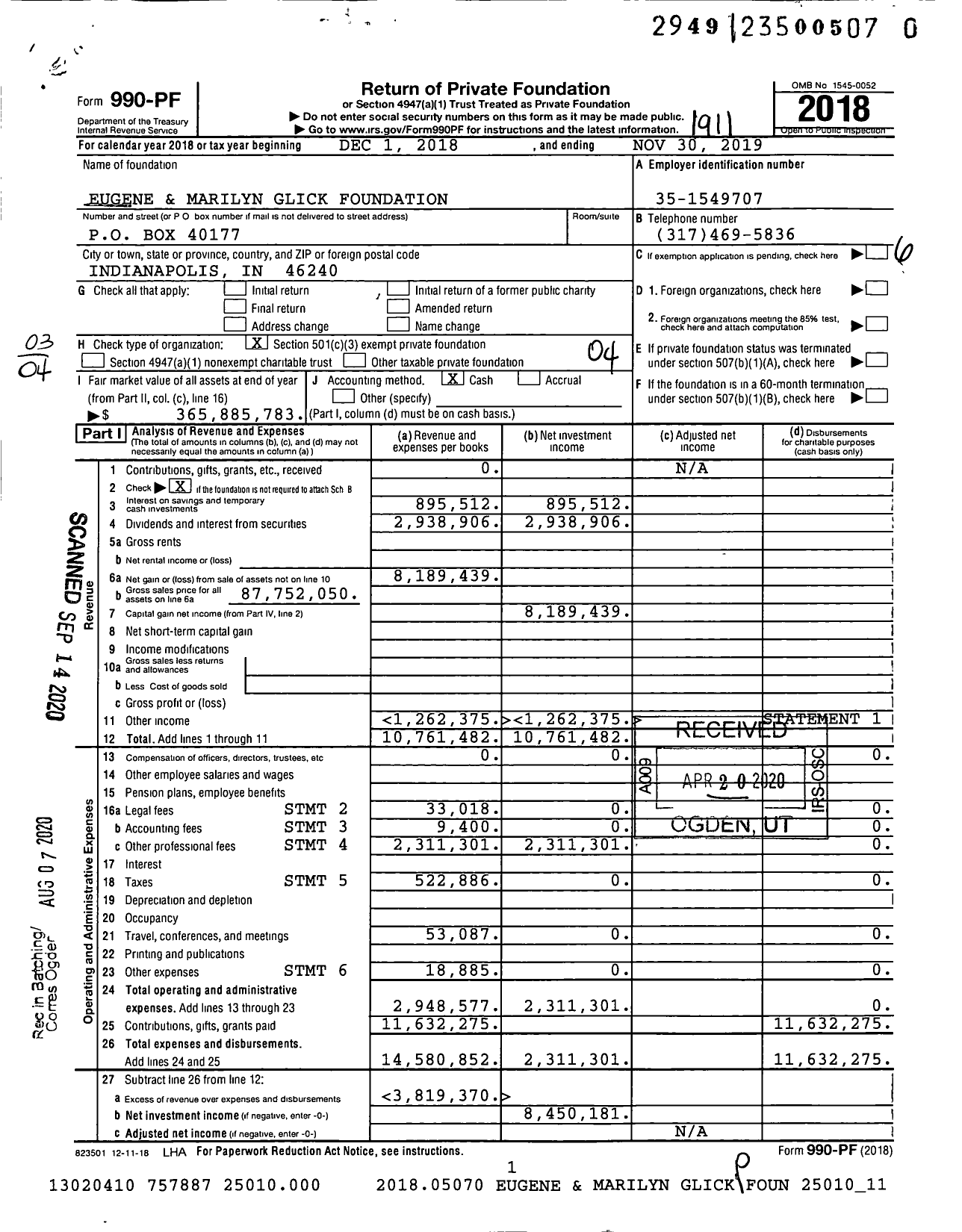 Image of first page of 2018 Form 990PR for Eugene and Marilyn Glick Foundation