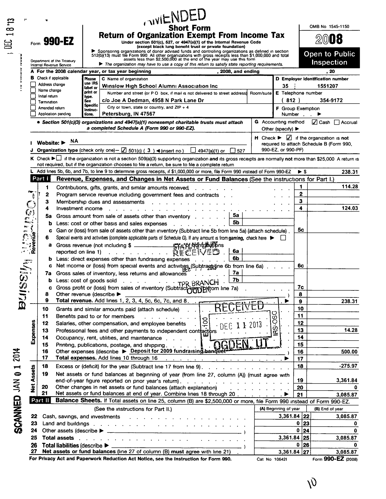 Image of first page of 2008 Form 990EZ for Winslow High School Alumni Association