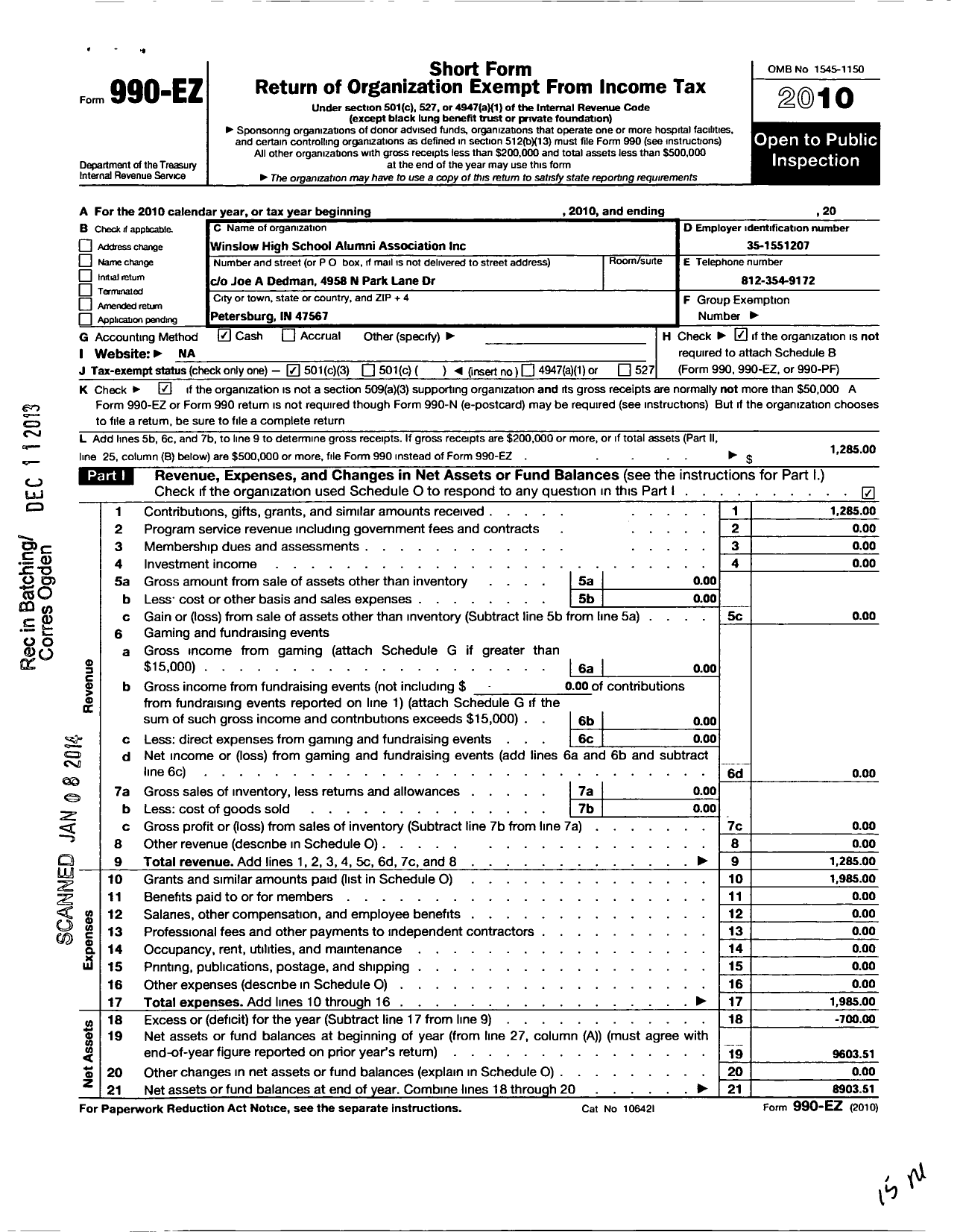 Image of first page of 2010 Form 990EZ for Winslow High School Alumni Association
