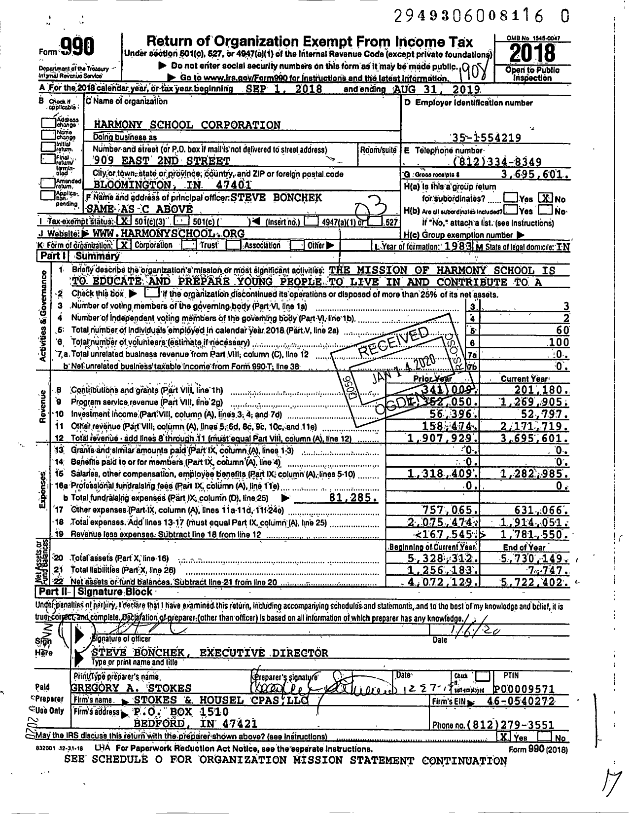 Image of first page of 2018 Form 990 for Harmony School Corporation