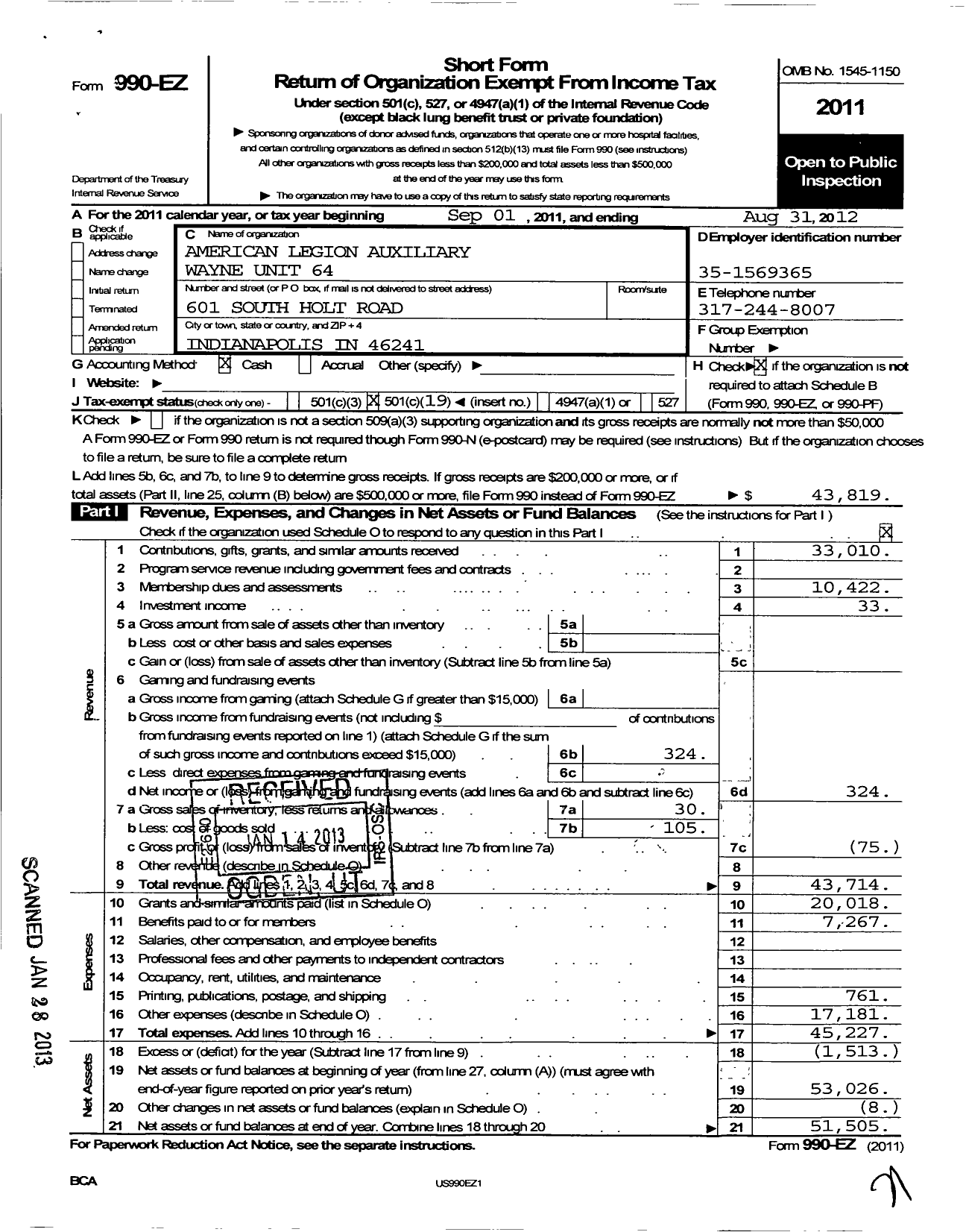 Image of first page of 2011 Form 990EO for American Legion Auxiliary - 64 American Legion Aux Wayne Unit