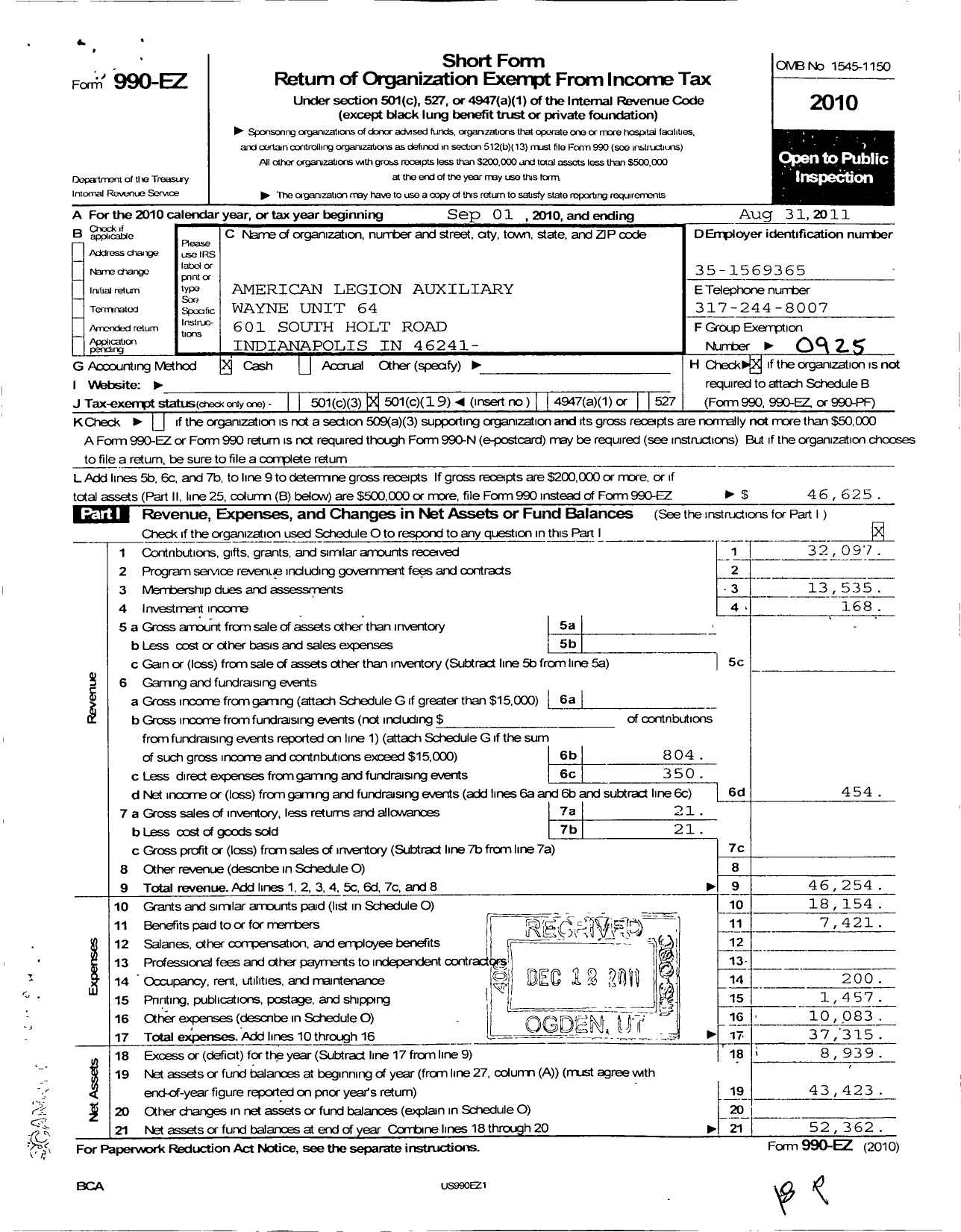 Image of first page of 2010 Form 990EO for American Legion Auxiliary - 64 American Legion Aux Wayne Unit