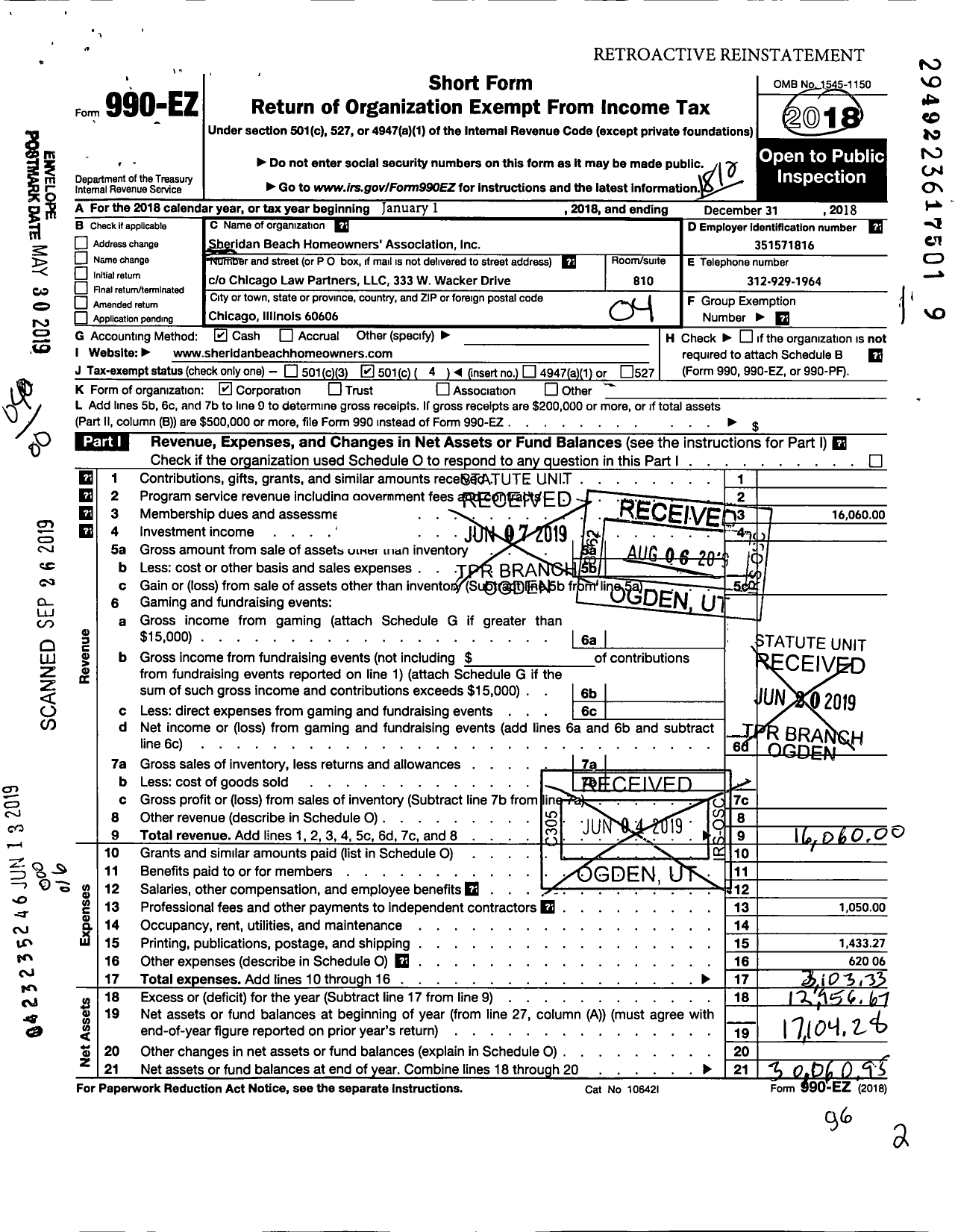 Image of first page of 2018 Form 990EO for Sheridan Beach Homeowners Association