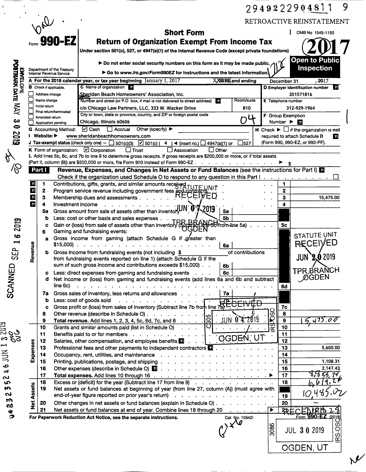 Image of first page of 2017 Form 990EO for Sheridan Beach Homeowners Association