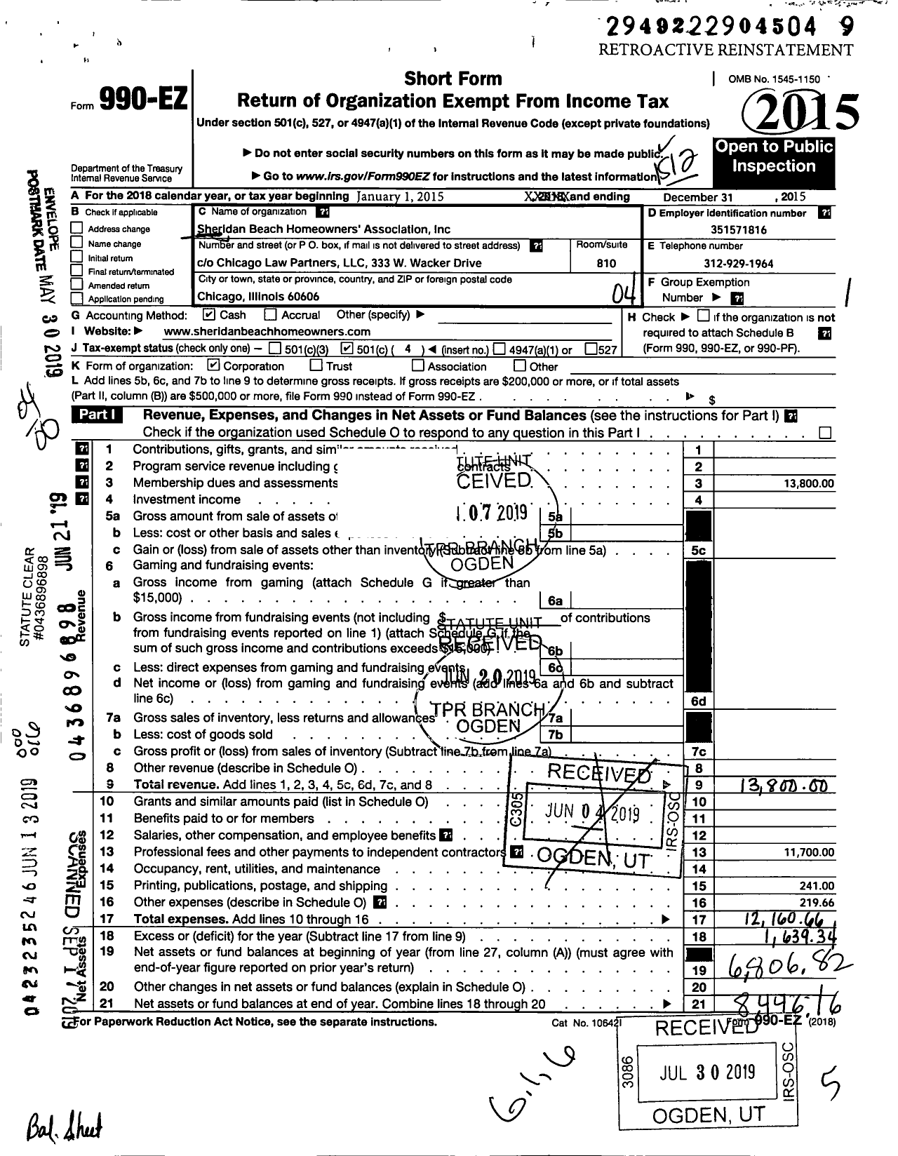 Image of first page of 2015 Form 990EO for Sheridan Beach Homeowners Association