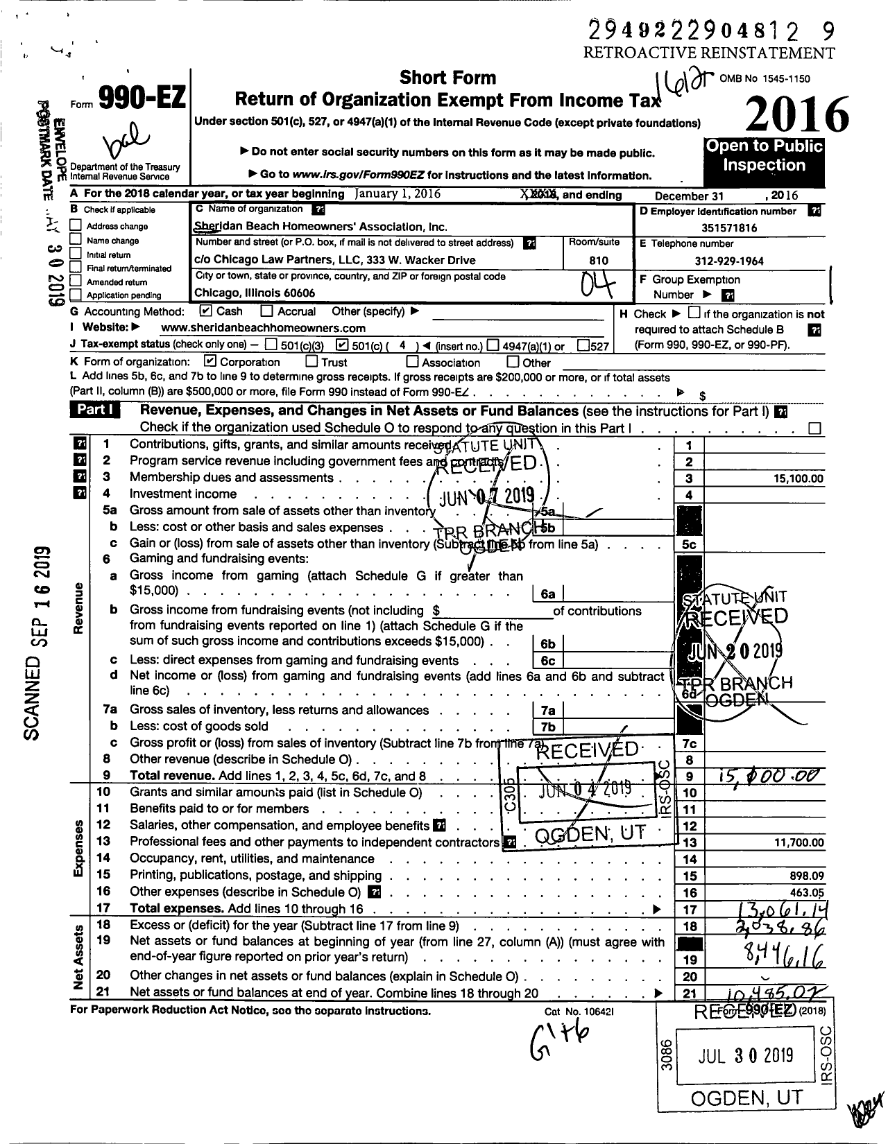 Image of first page of 2016 Form 990EO for Sheridan Beach Homeowners Association