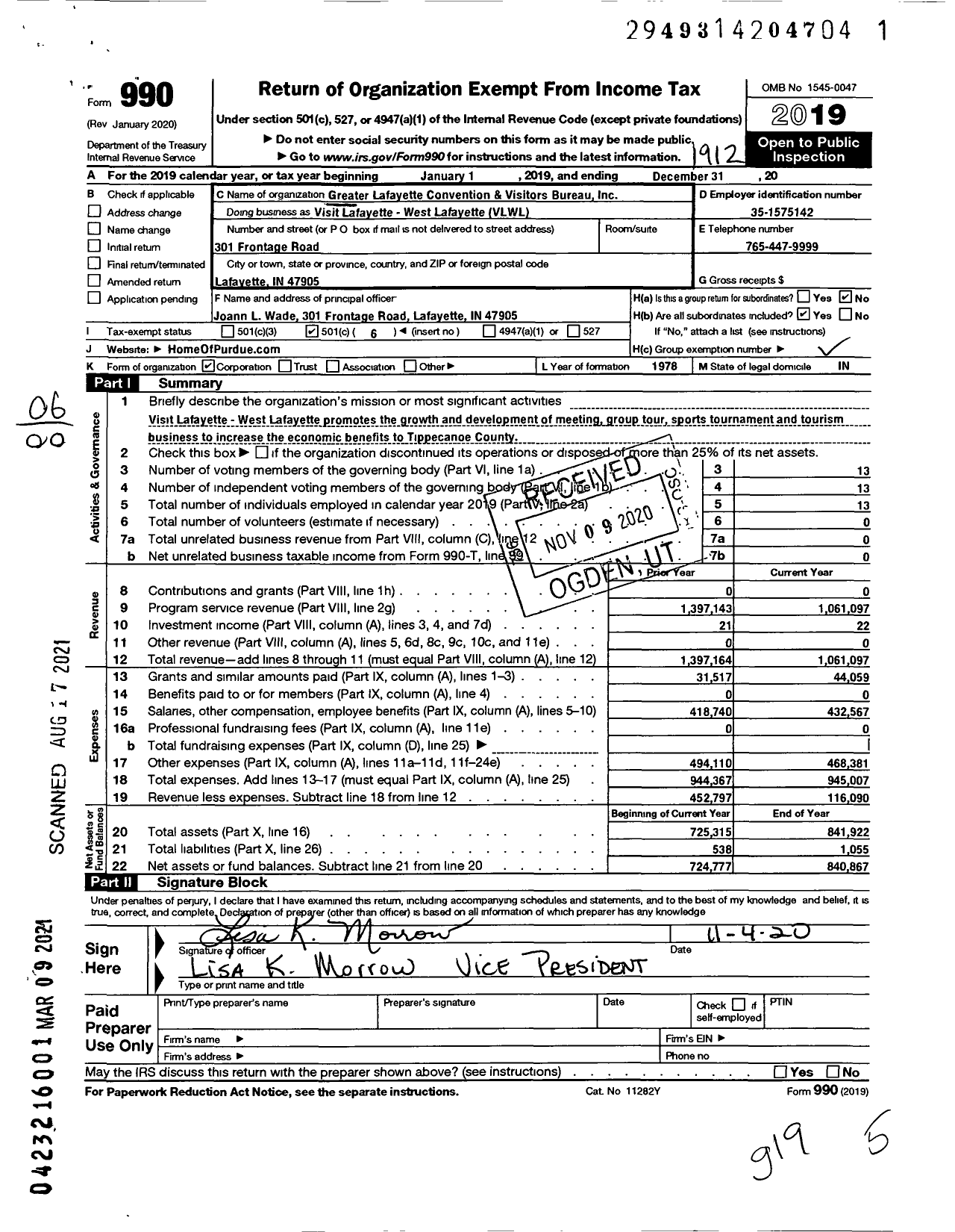 Image of first page of 2019 Form 990O for Visit Lafayette - West Lafayette