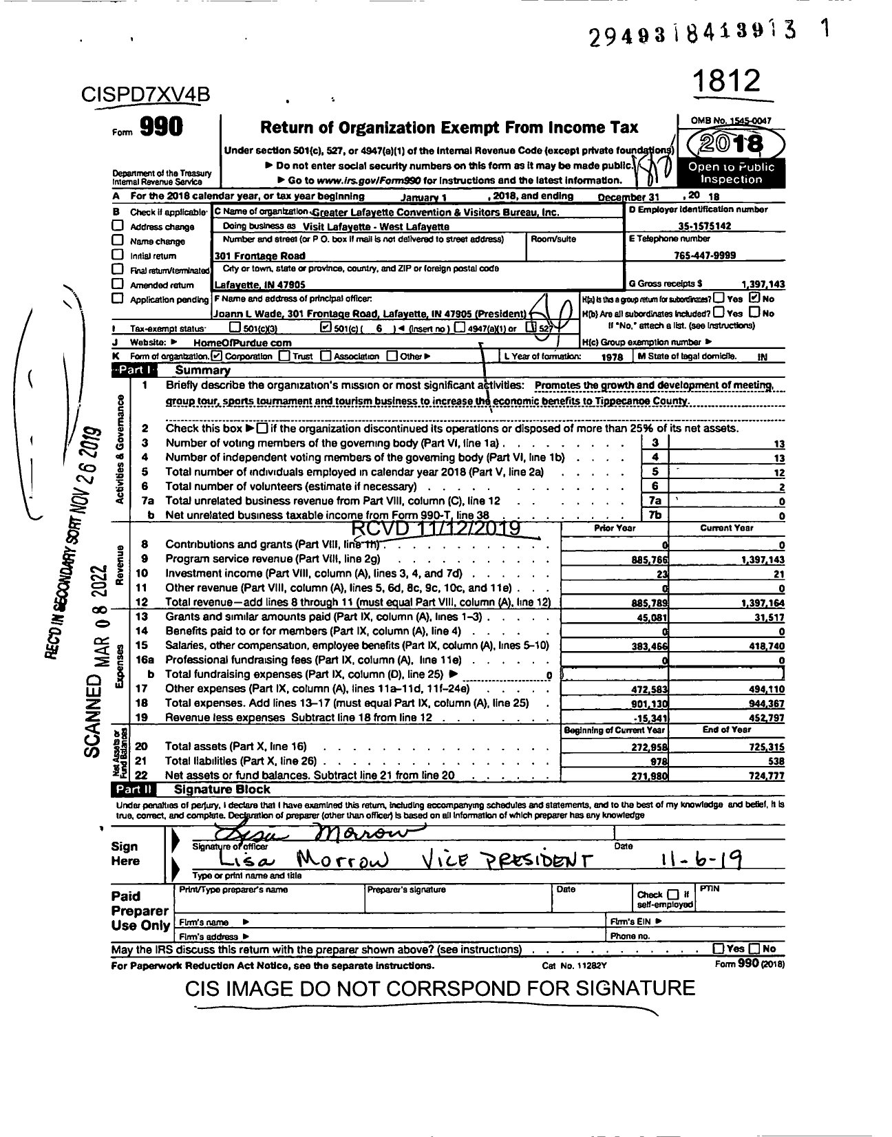 Image of first page of 2018 Form 990O for Visit Lafayette - West Lafayette