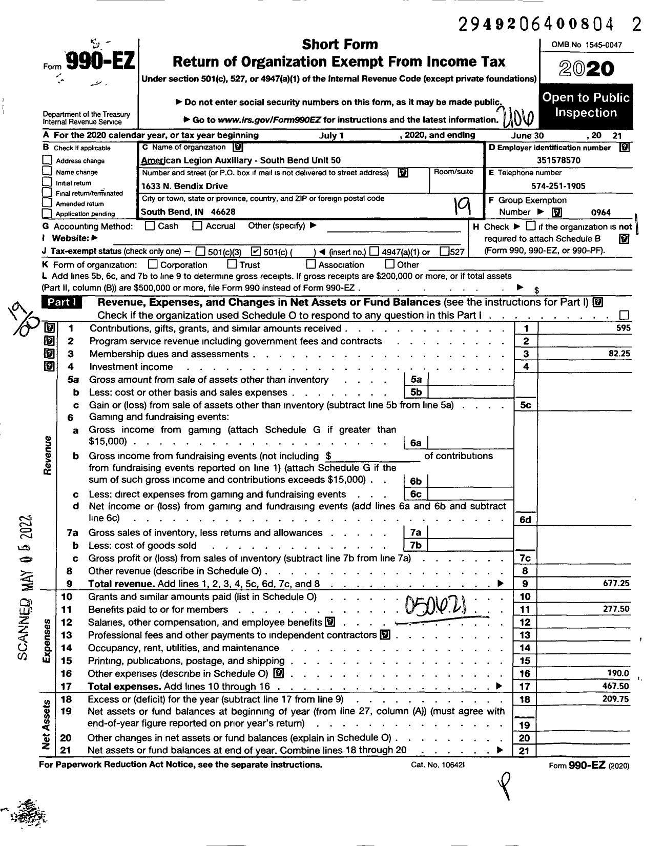 Image of first page of 2020 Form 990EO for American Legion Post No 50 Auxiliary Department of Indiana