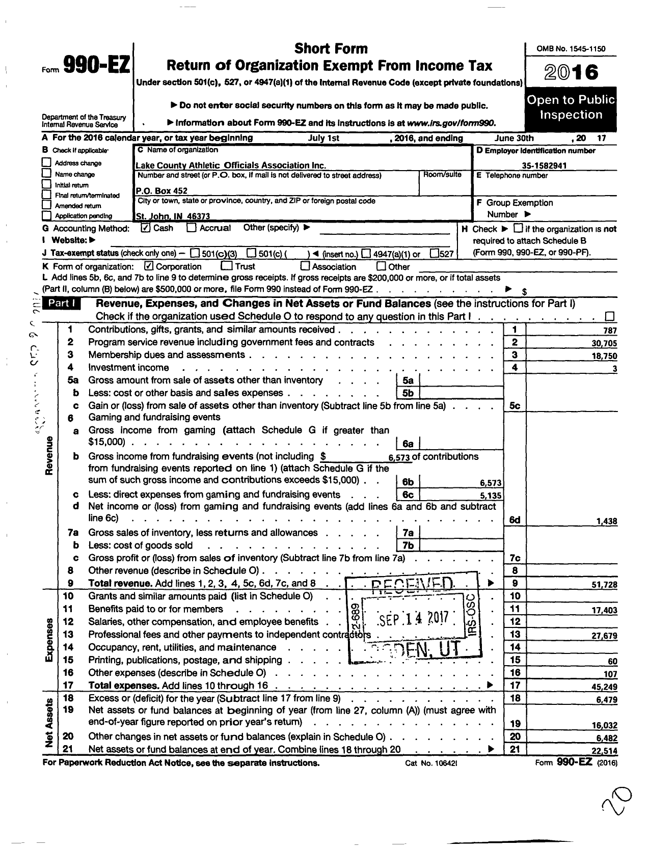 Image of first page of 2016 Form 990EO for Lake County Athletic Officials Association