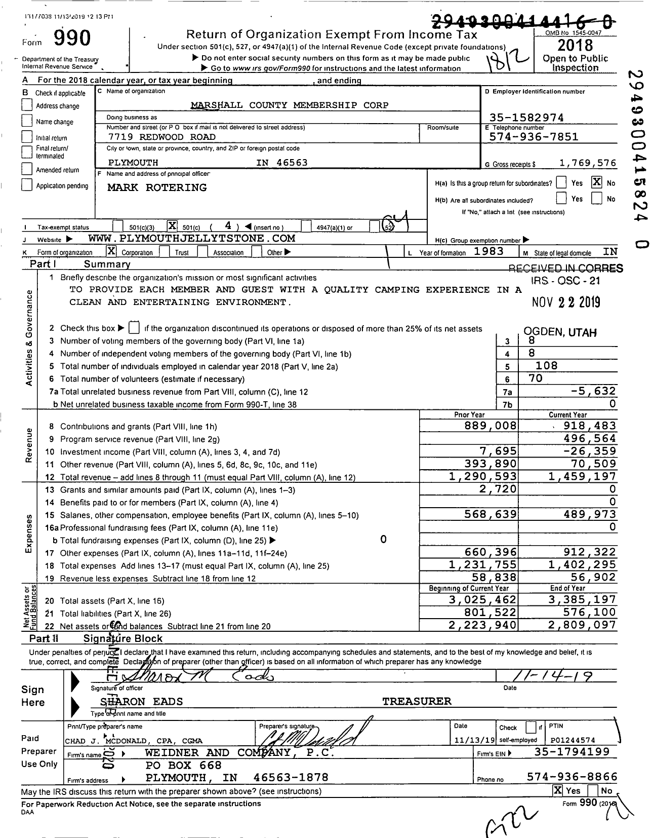 Image of first page of 2018 Form 990O for Marshall County Membership Corporation