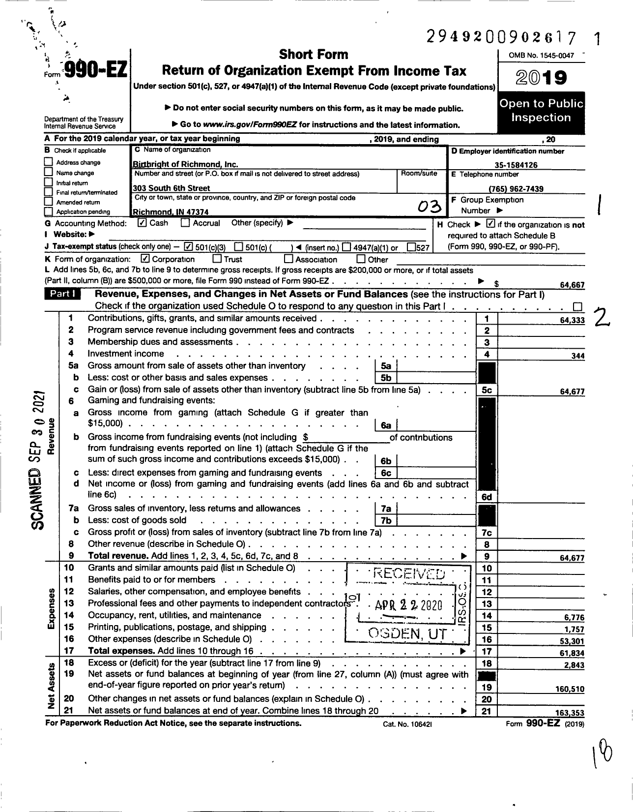 Image of first page of 2019 Form 990EZ for Birthright of Richmond