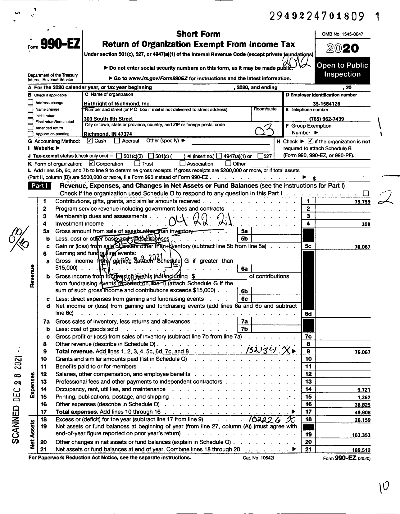 Image of first page of 2020 Form 990EZ for Birthright of Richmond