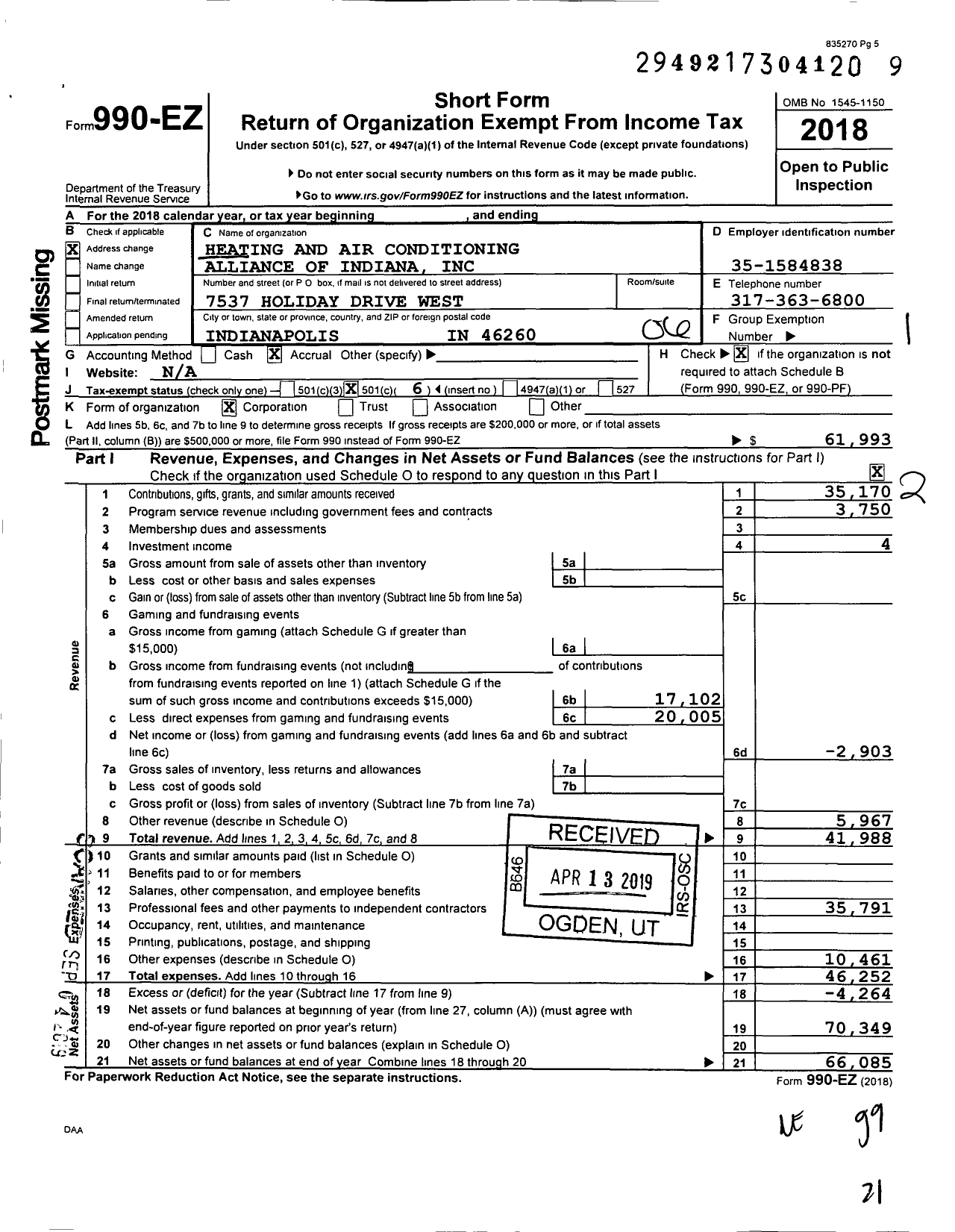 Image of first page of 2018 Form 990EO for Heating and Air Conditioning Alliance of Indiana