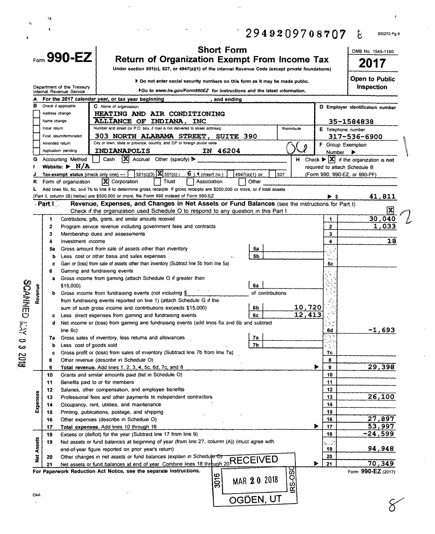 Image of first page of 2017 Form 990EO for Heating and Air Conditioning Alliance of Indiana