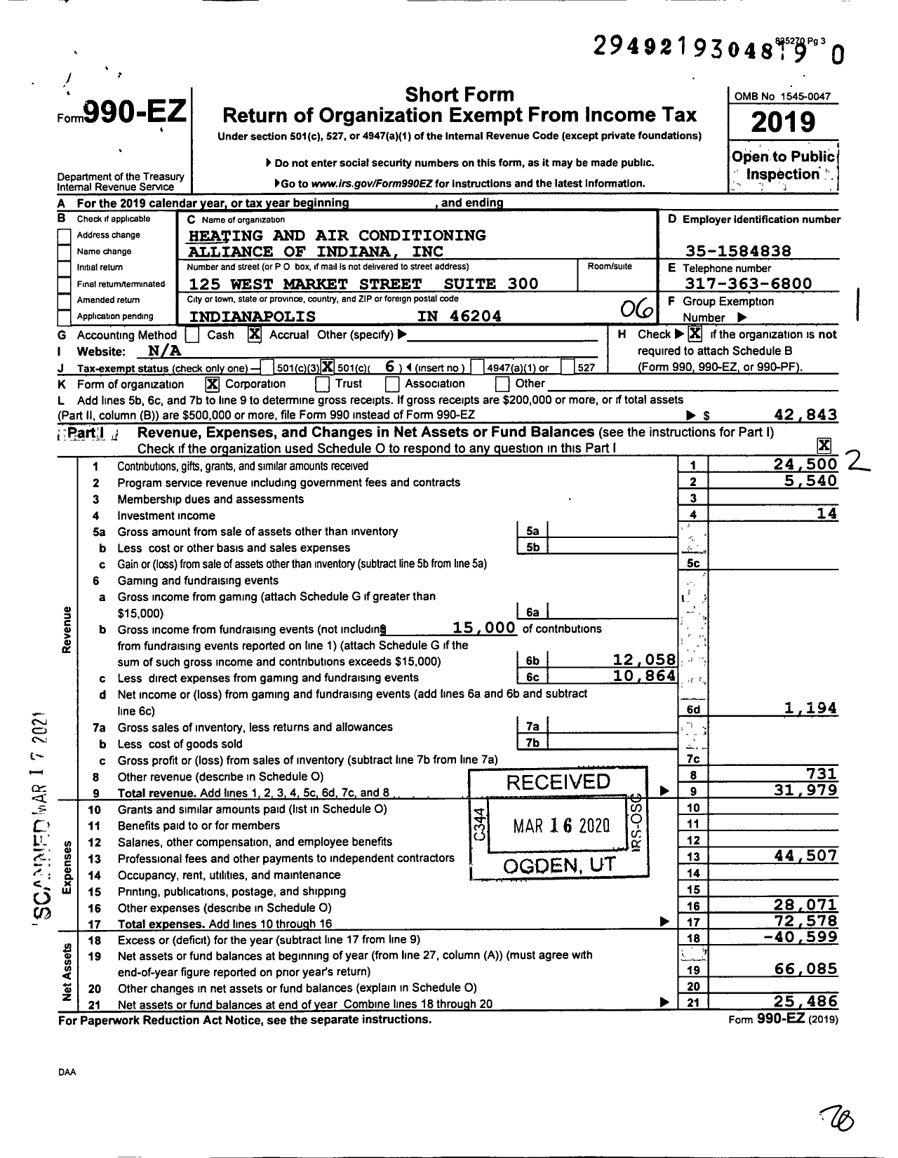 Image of first page of 2019 Form 990EO for Heating and Air Conditioning Alliance of Indiana