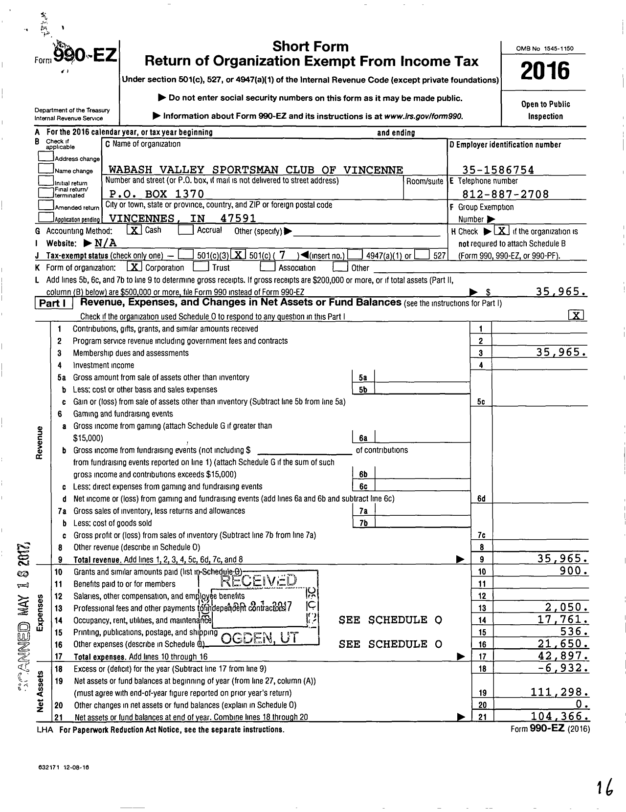 Image of first page of 2016 Form 990EO for Wabash Valley Sportsman Club of Vincenne