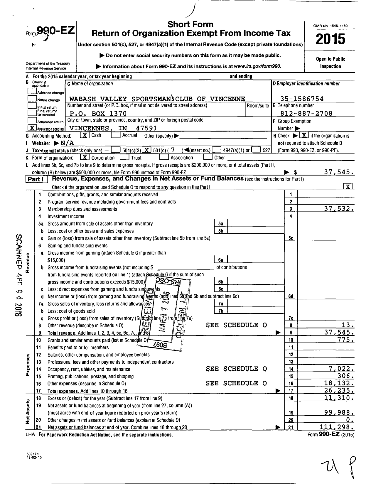 Image of first page of 2015 Form 990EO for Wabash Valley Sportsman Club of Vincenne