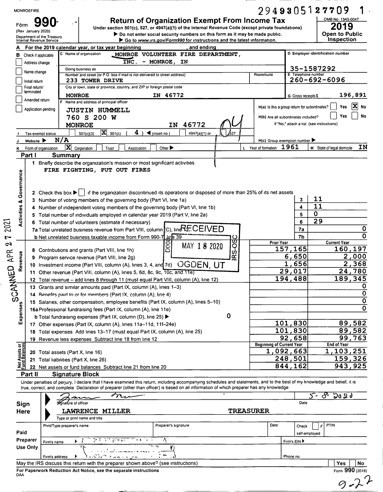 Image of first page of 2019 Form 990O for Monroe Volunteer Fire Department - Monroe in