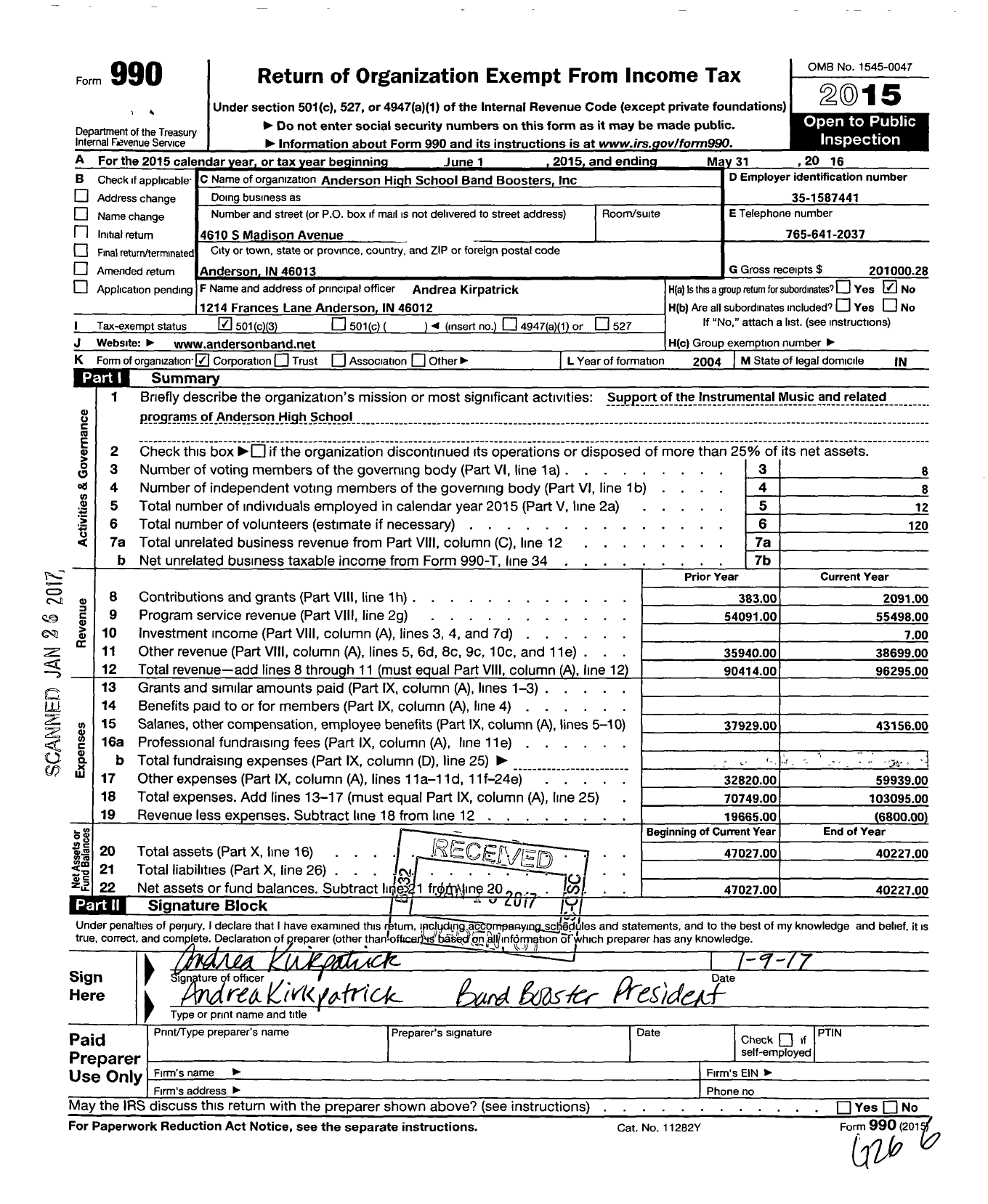 Image of first page of 2015 Form 990 for Anderson Band Boosters