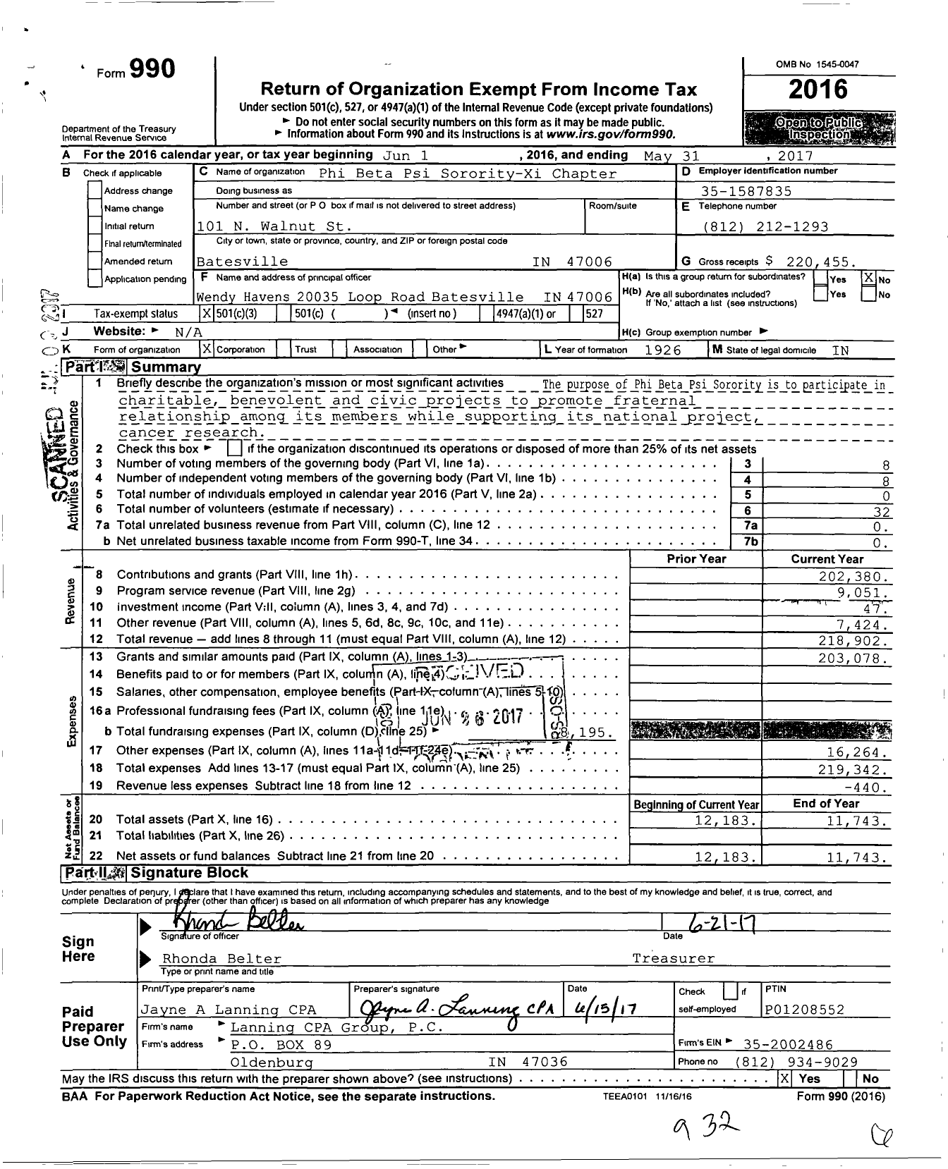 Image of first page of 2016 Form 990 for Phi Beta Psi Sorority / Xi Chapter