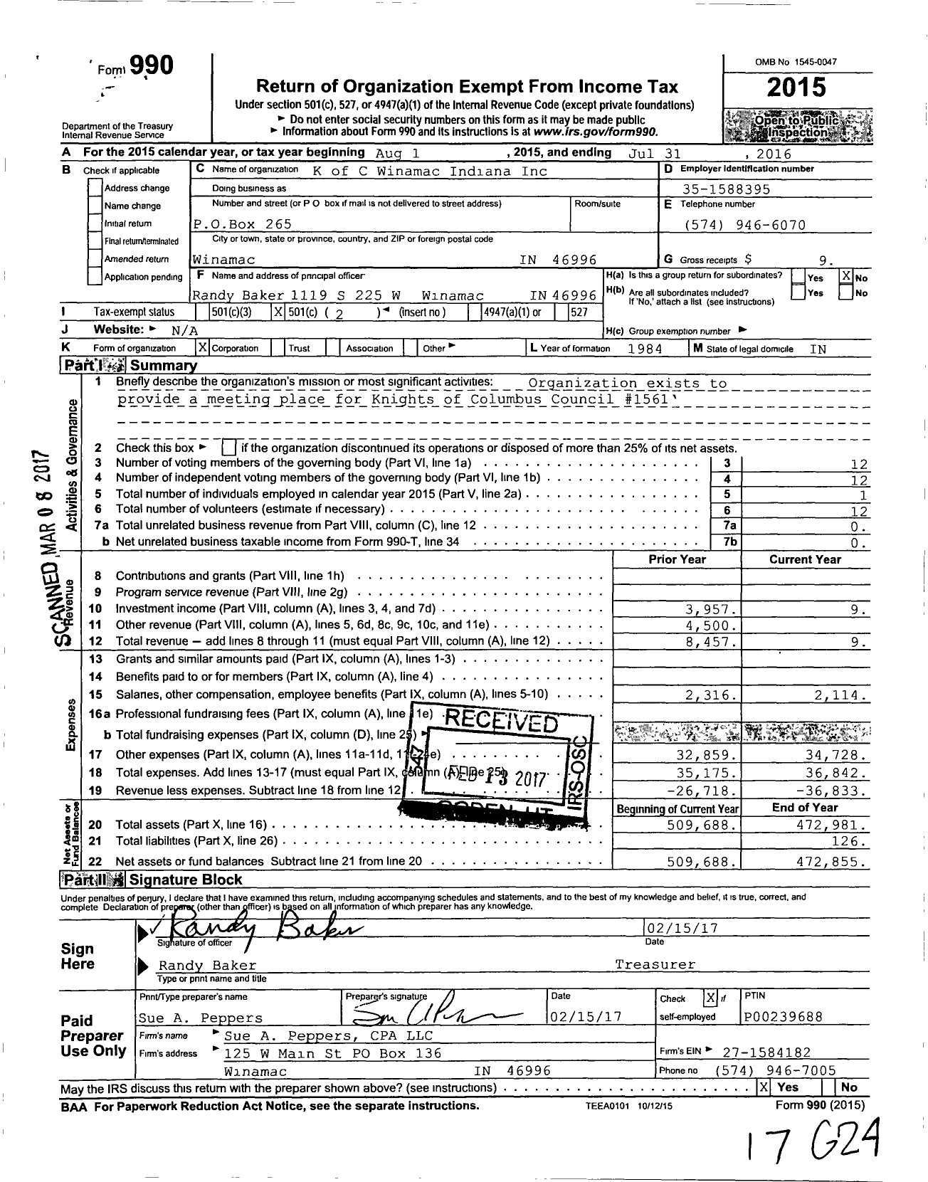 Image of first page of 2015 Form 990O for K of C Winamac Indiana