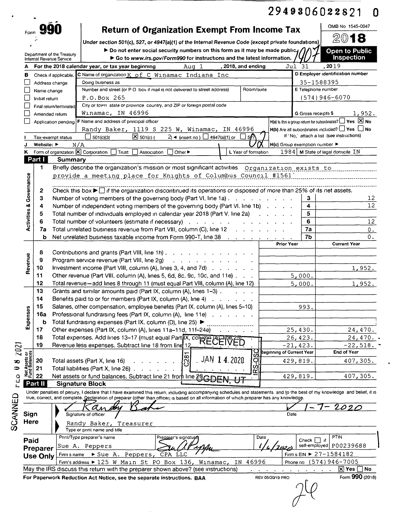 Image of first page of 2018 Form 990O for K of C Winamac Indiana