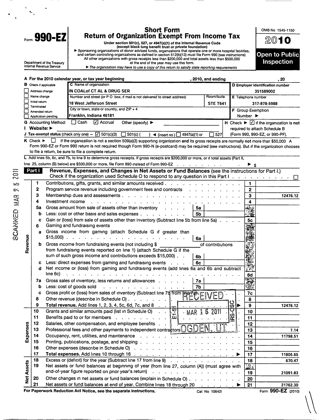 Image of first page of 2010 Form 990EZ for Indiana Coalition of Court Alcohol and Drug Services