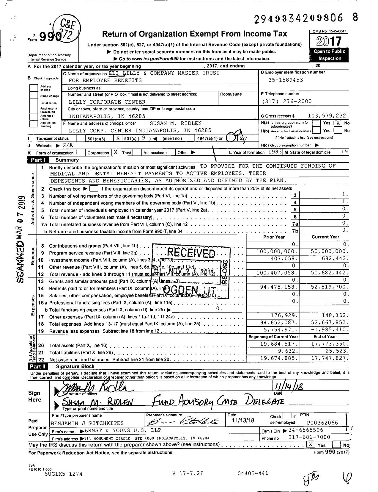 Image of first page of 2017 Form 990O for Eli Lilly and Company Master Trust for Employee Benefits