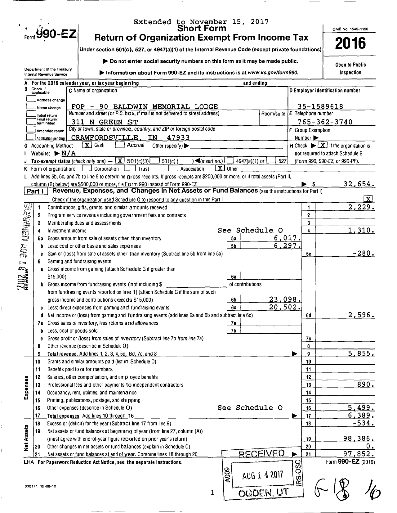 Image of first page of 2016 Form 990EZ for Fraternal Order of Police - 90 Baldwin Memorial Lodge