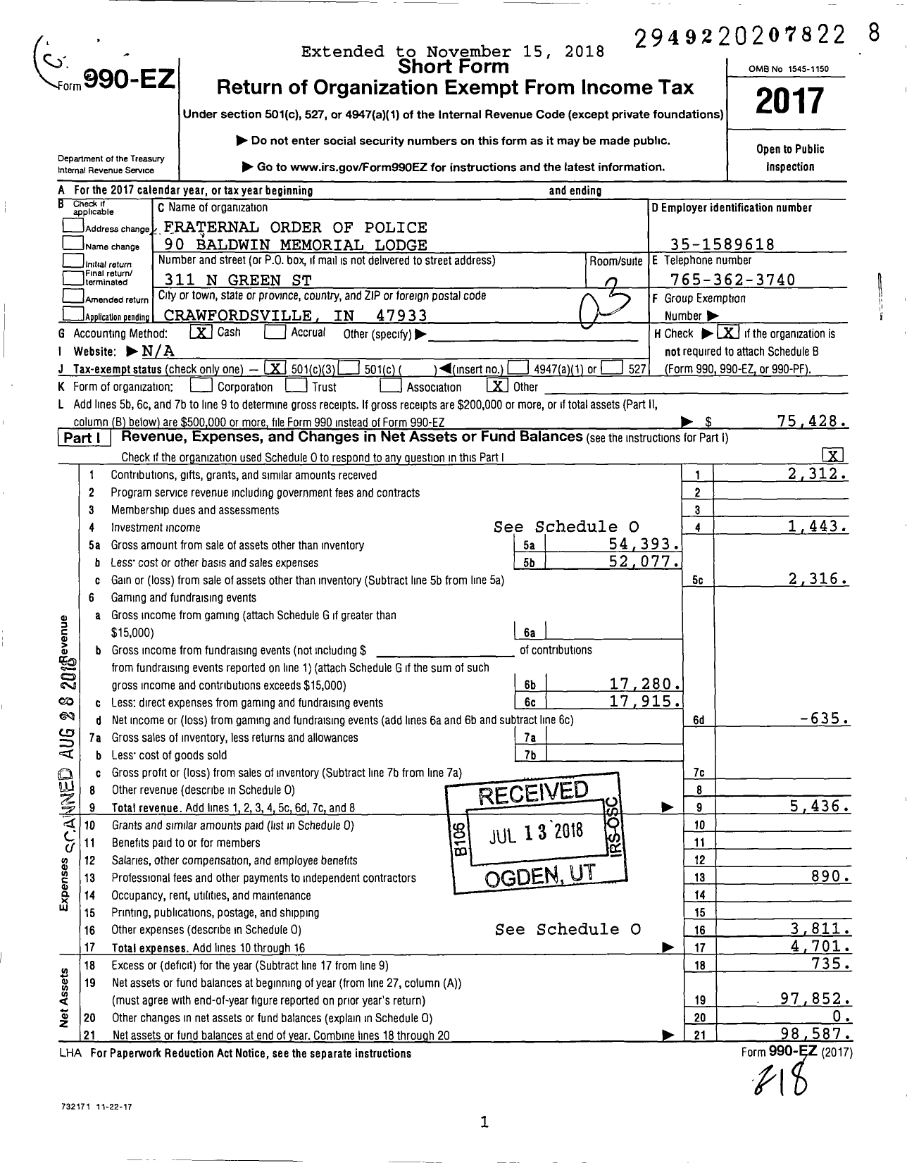 Image of first page of 2017 Form 990EZ for Fraternal Order of Police - 90 Baldwin Memorial Lodge