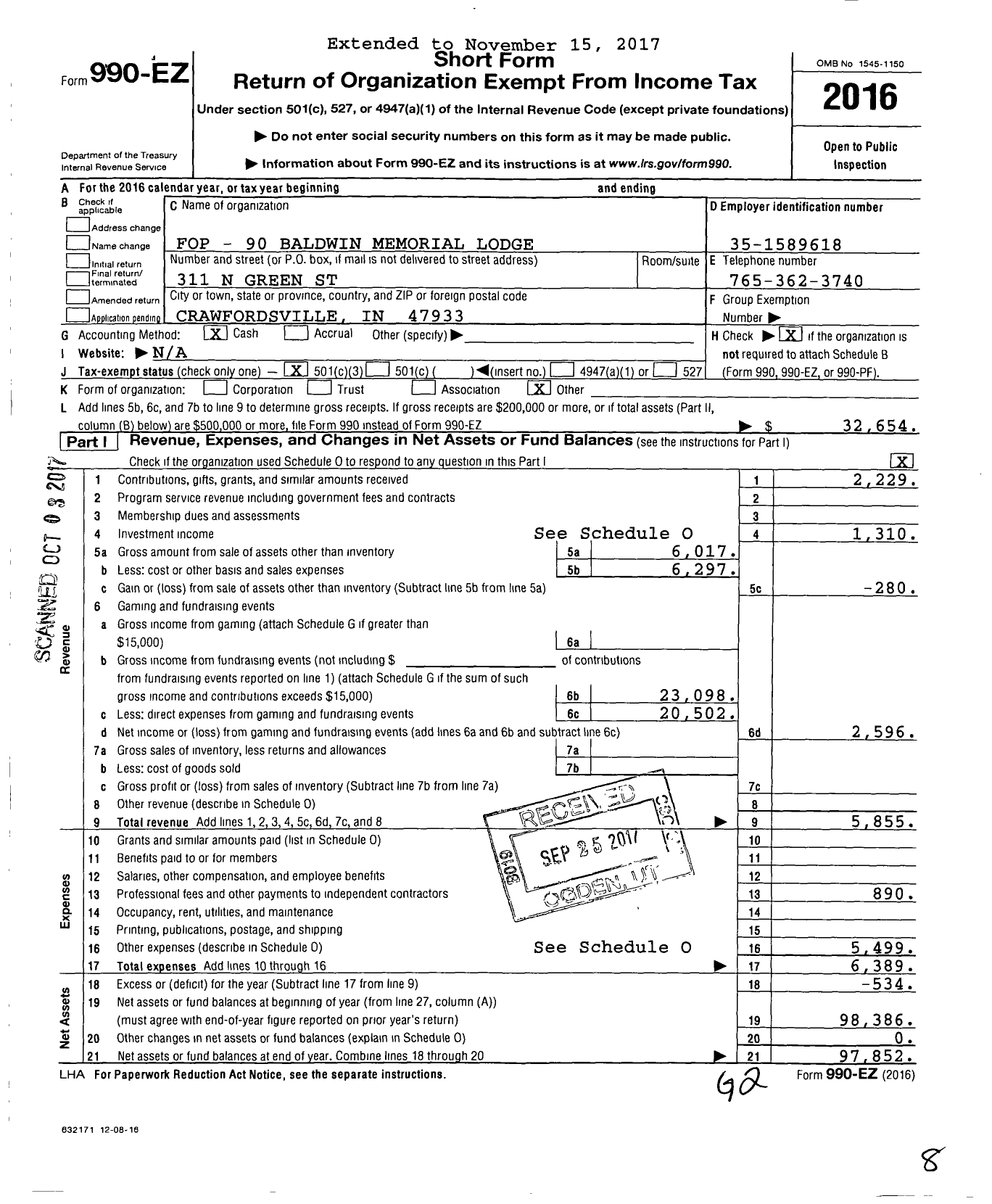 Image of first page of 2016 Form 990EZ for Fraternal Order of Police - 90 Baldwin Memorial Lodge