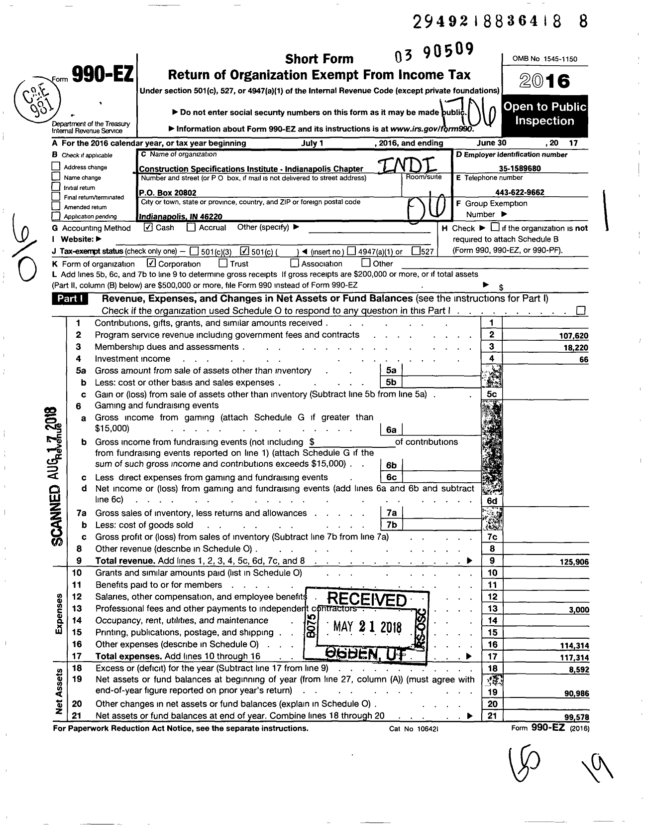 Image of first page of 2016 Form 990EO for Construction Specifications Institute - Indianapolis Chapter