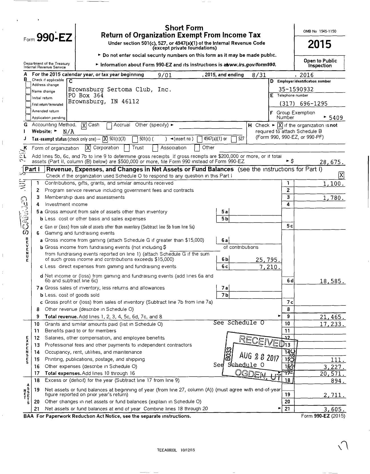 Image of first page of 2015 Form 990EZ for Sertoma - 10758 Brownsburg Sertoma Club