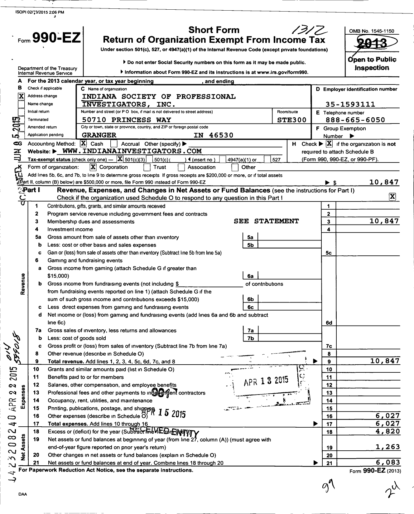 Image of first page of 2013 Form 990EZ for Indiana Society of Professional Investigators