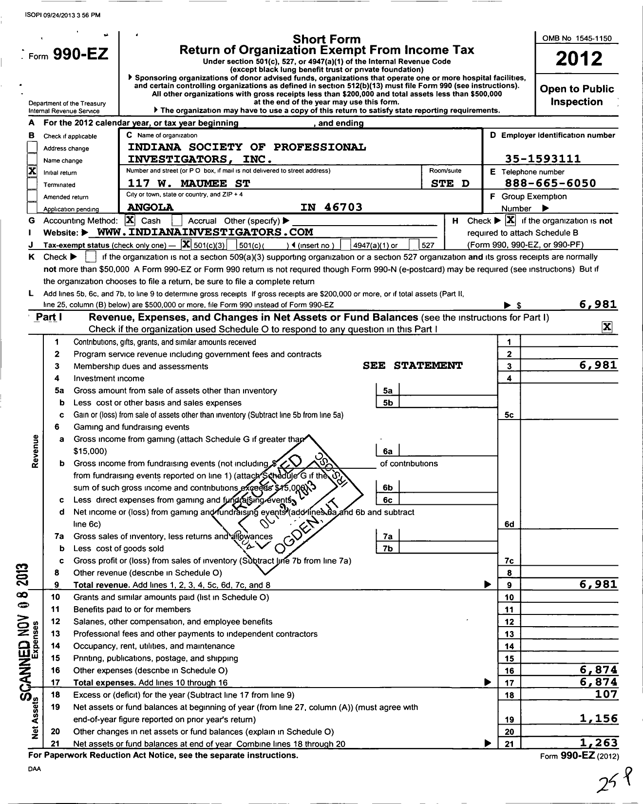 Image of first page of 2012 Form 990EZ for Indiana Society of Professional Investigators