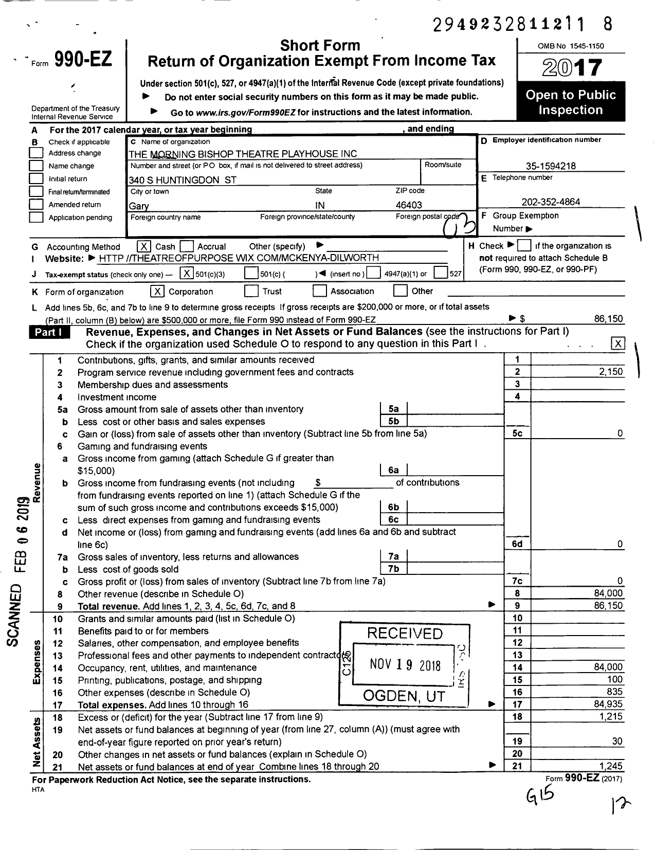Image of first page of 2017 Form 990EZ for Morning Bishop Theatre Playhouse