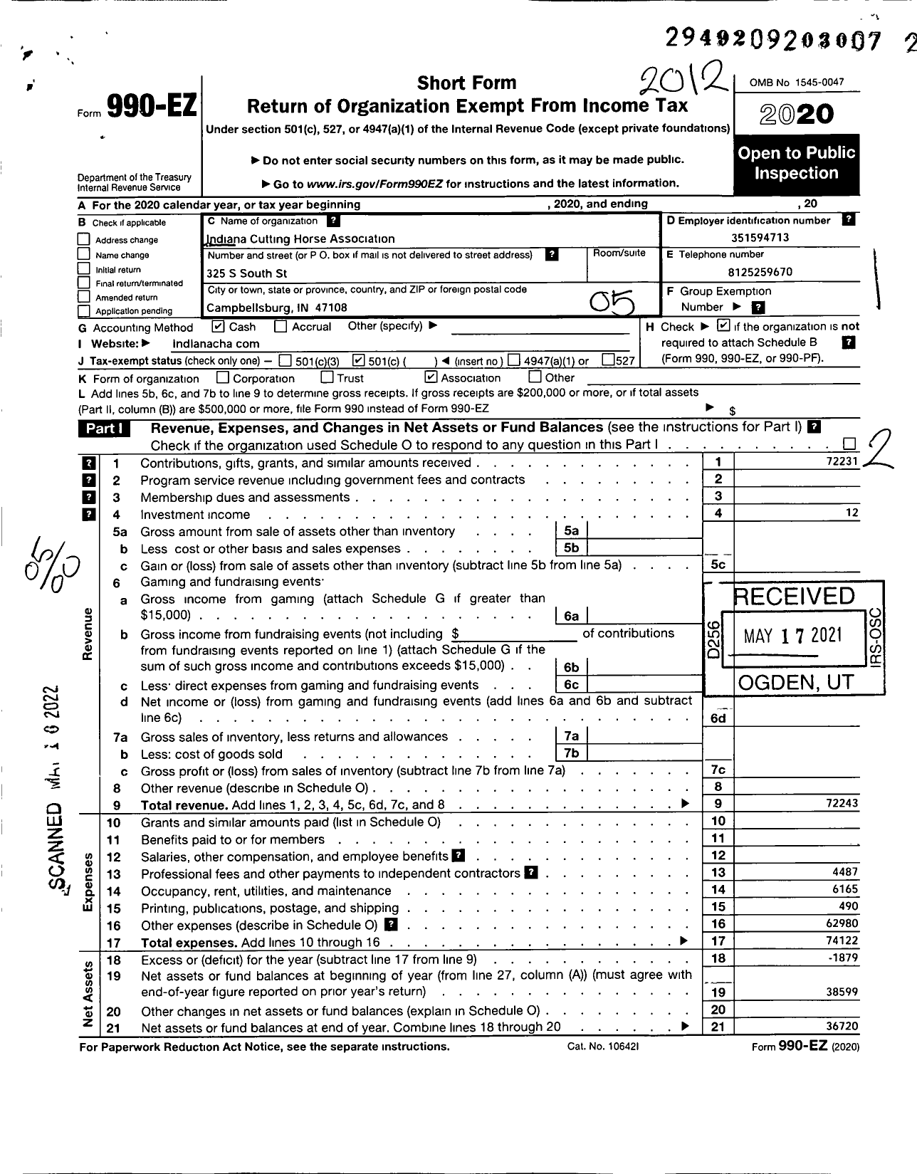 Image of first page of 2020 Form 990EO for Indiana Cutting Horse Association