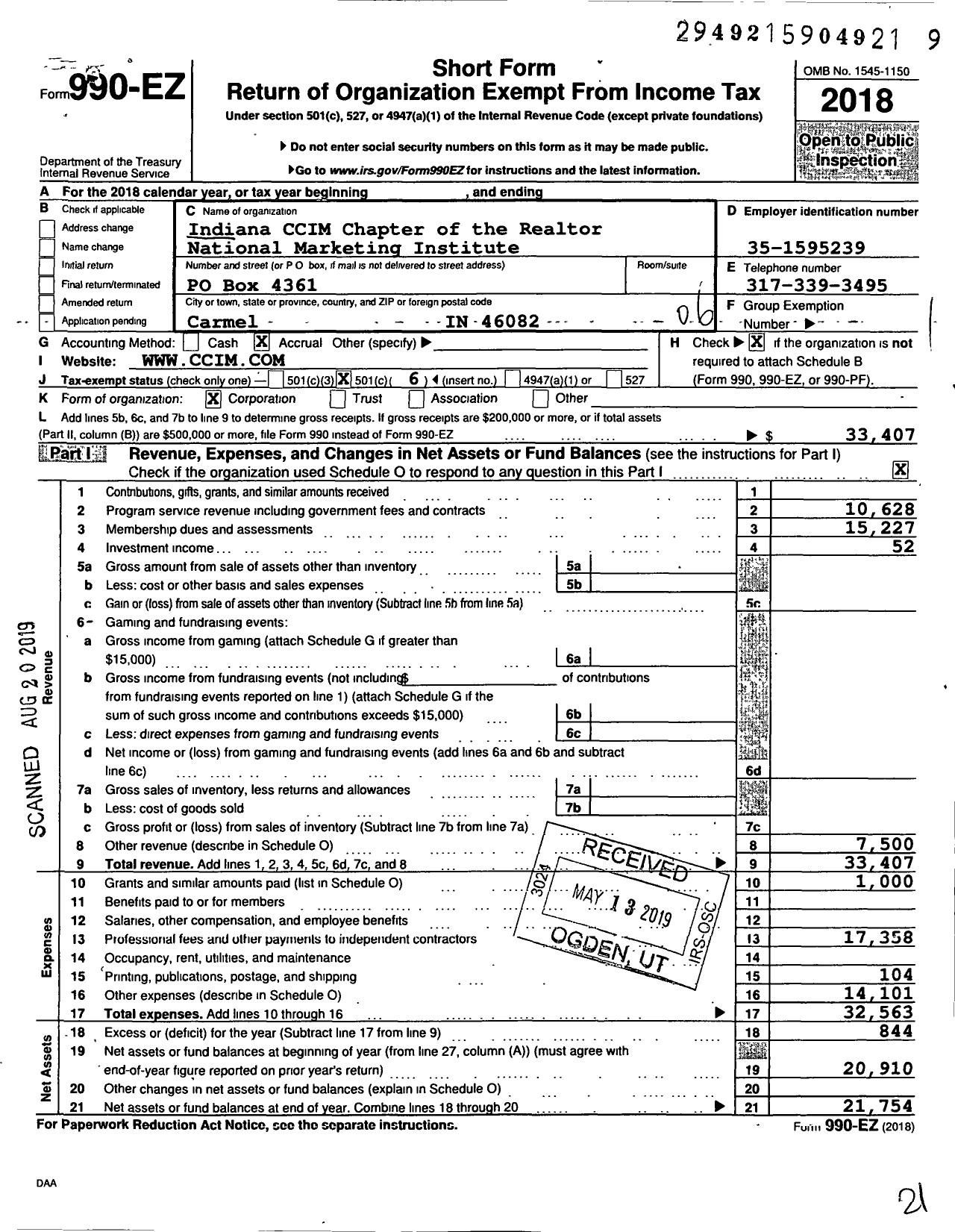 Image of first page of 2018 Form 990EO for Indiana Ccim Chapter of the Realtor National Marketing Institute