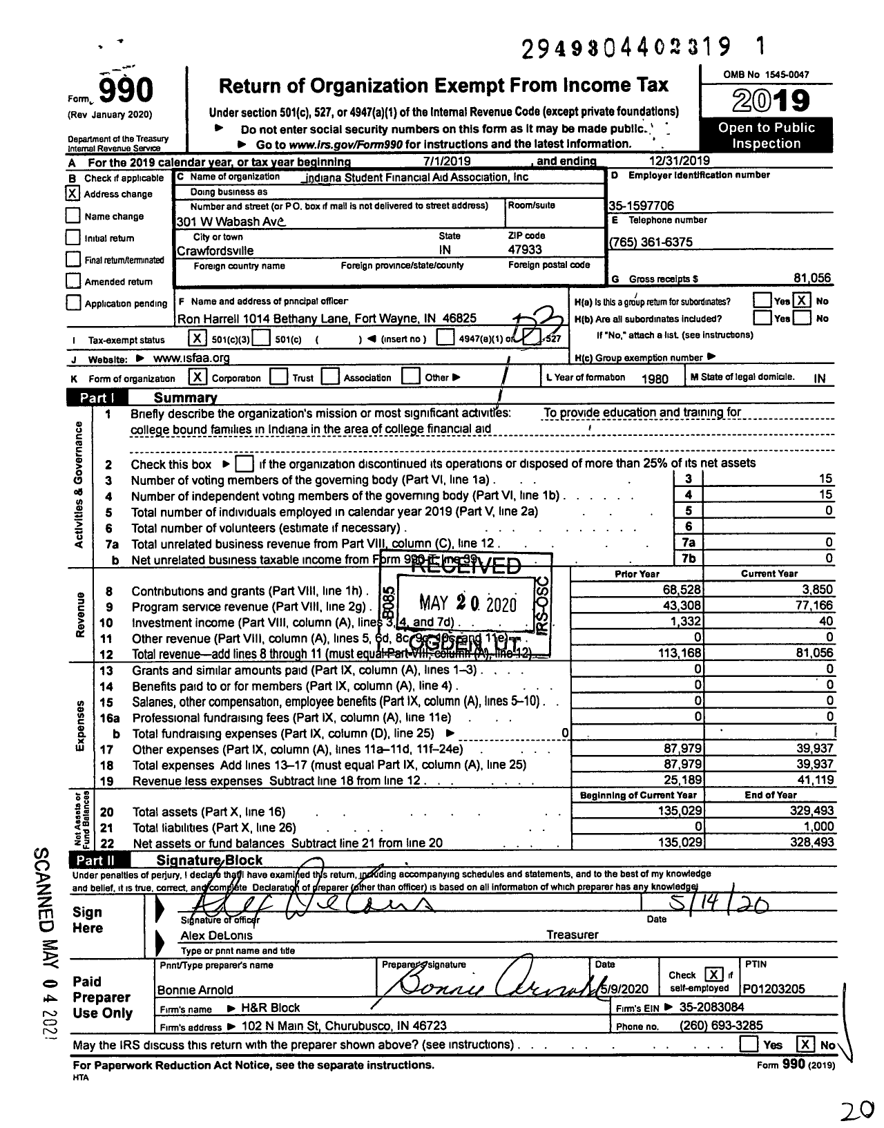 Image of first page of 2019 Form 990 for indiana Student Financial Aid Association