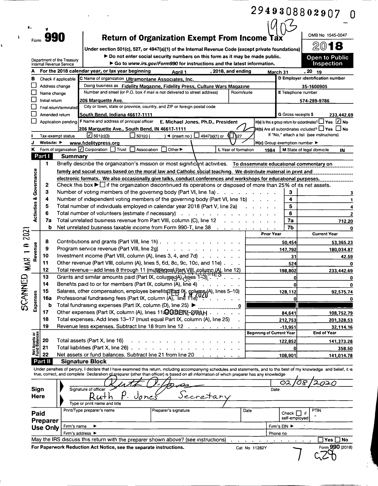 Image of first page of 2018 Form 990 for Ultramontane Associates