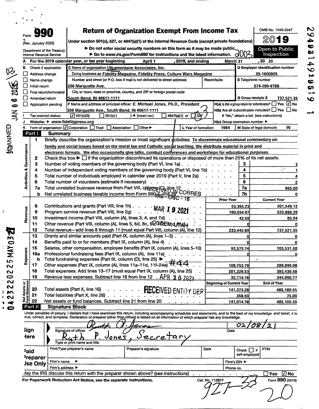 Image of first page of 2019 Form 990 for Ultramontane Associates