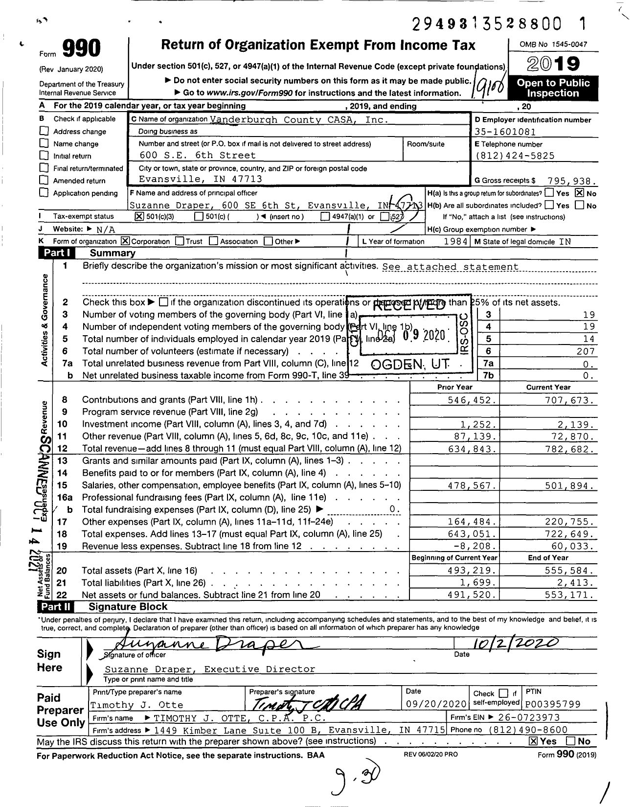 Image of first page of 2019 Form 990 for Vanderburgh County CASA