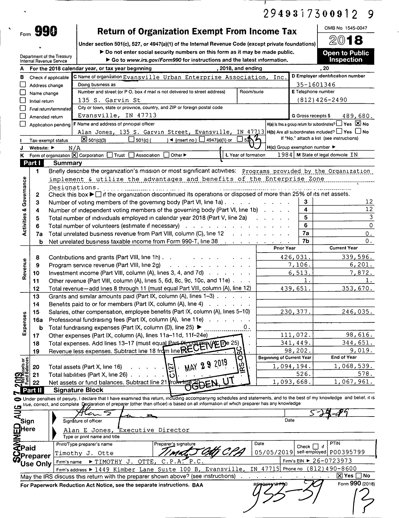 Image of first page of 2018 Form 990 for Evansville Urban Enterprise Association