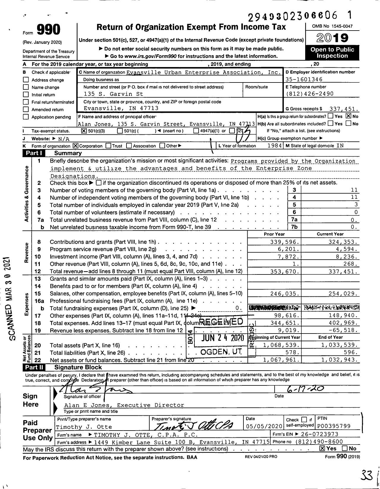 Image of first page of 2019 Form 990 for Evansville Urban Enterprise Association