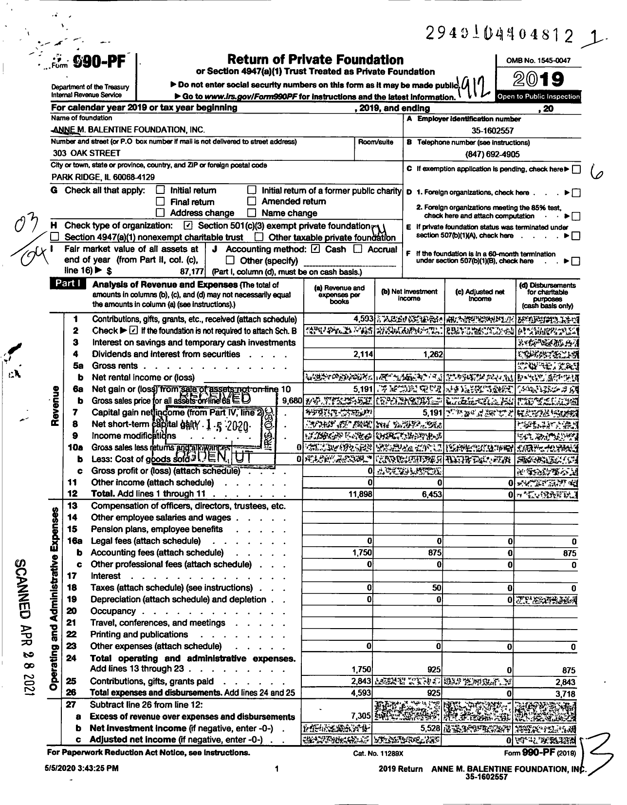 Image of first page of 2019 Form 990PF for Anne M Balentine Foundation