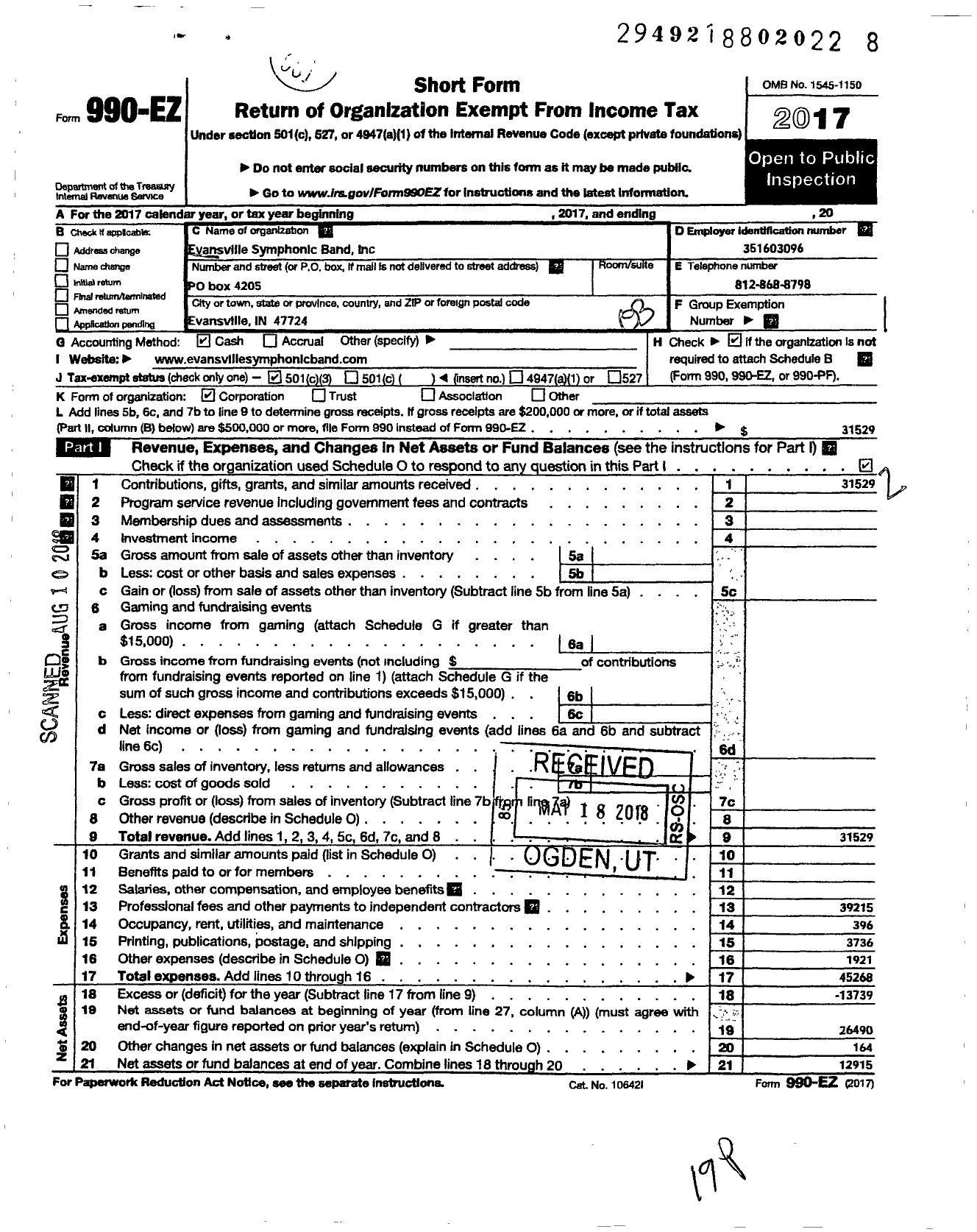 Image of first page of 2017 Form 990EZ for Evansville Symphonic Band Incorporated