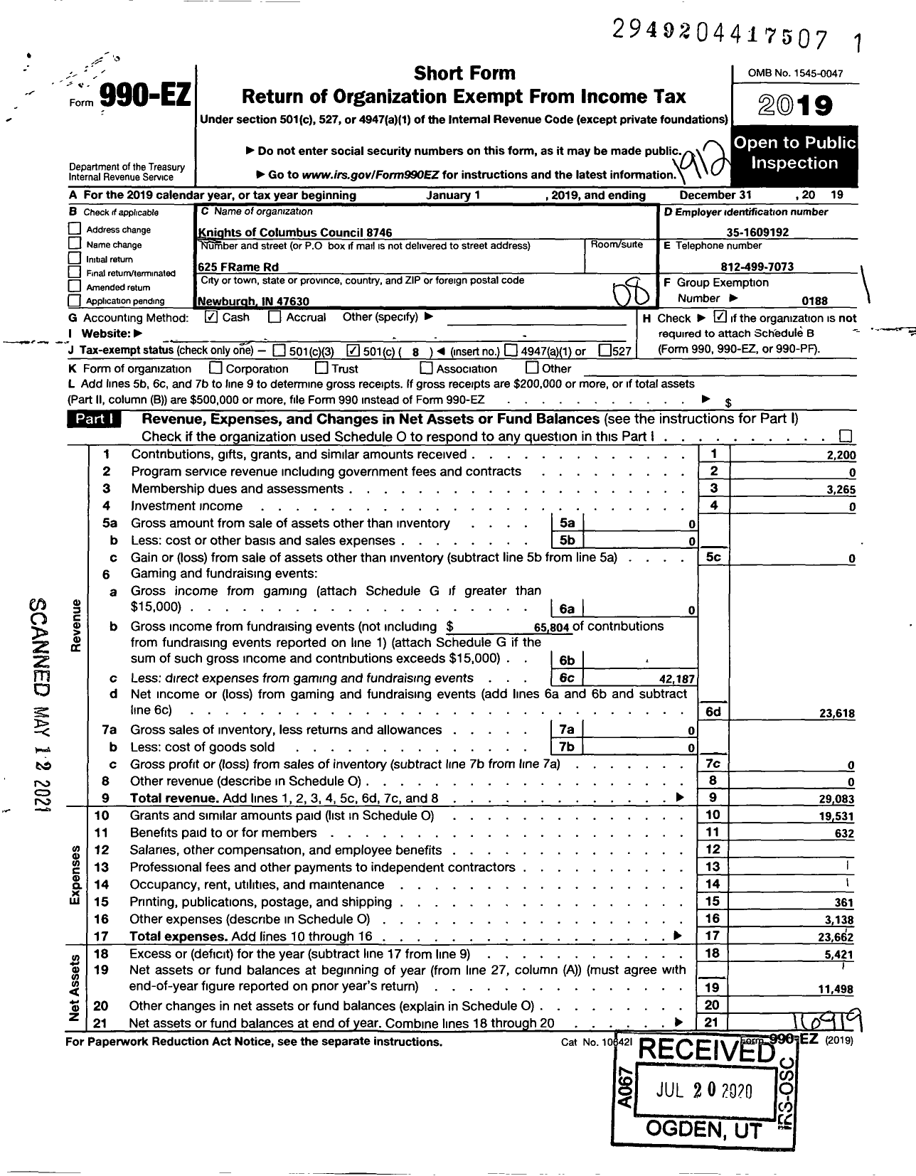 Image of first page of 2019 Form 990EO for Knights of Columbus - 8746 Newburgh Co Council